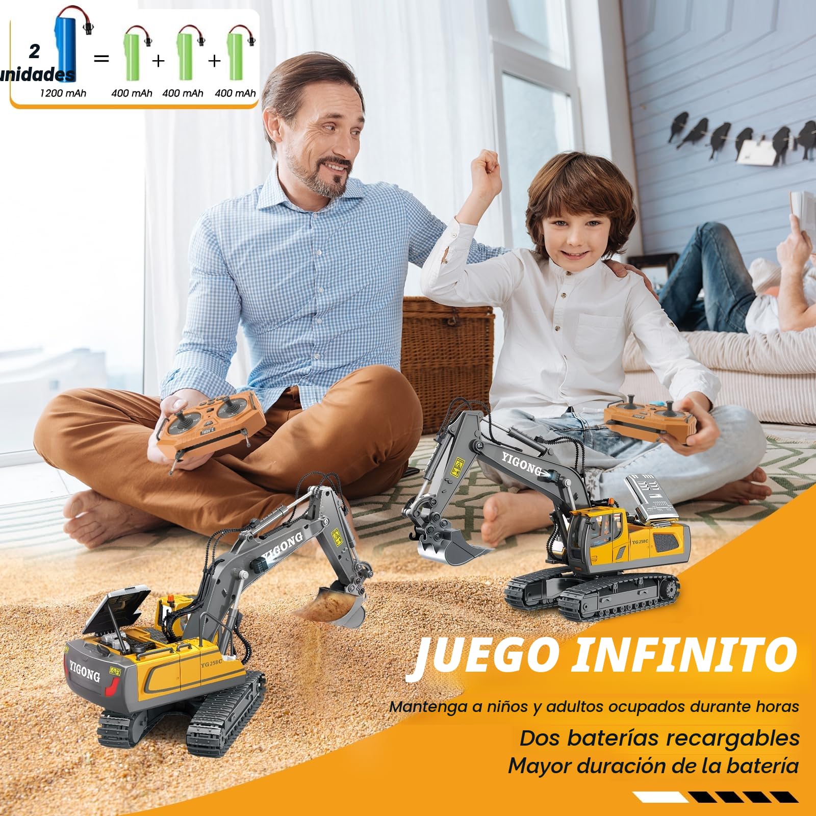 Juguete Excavadora Teledirigido, Juguete para Niños y Niñas Mayores de 3 Años, Rotación de 680°, 11 Canales, RC Recargable, Sonido y Luz, Excavadora Juguete para Niños de 6-12 años (2,4 GHz)