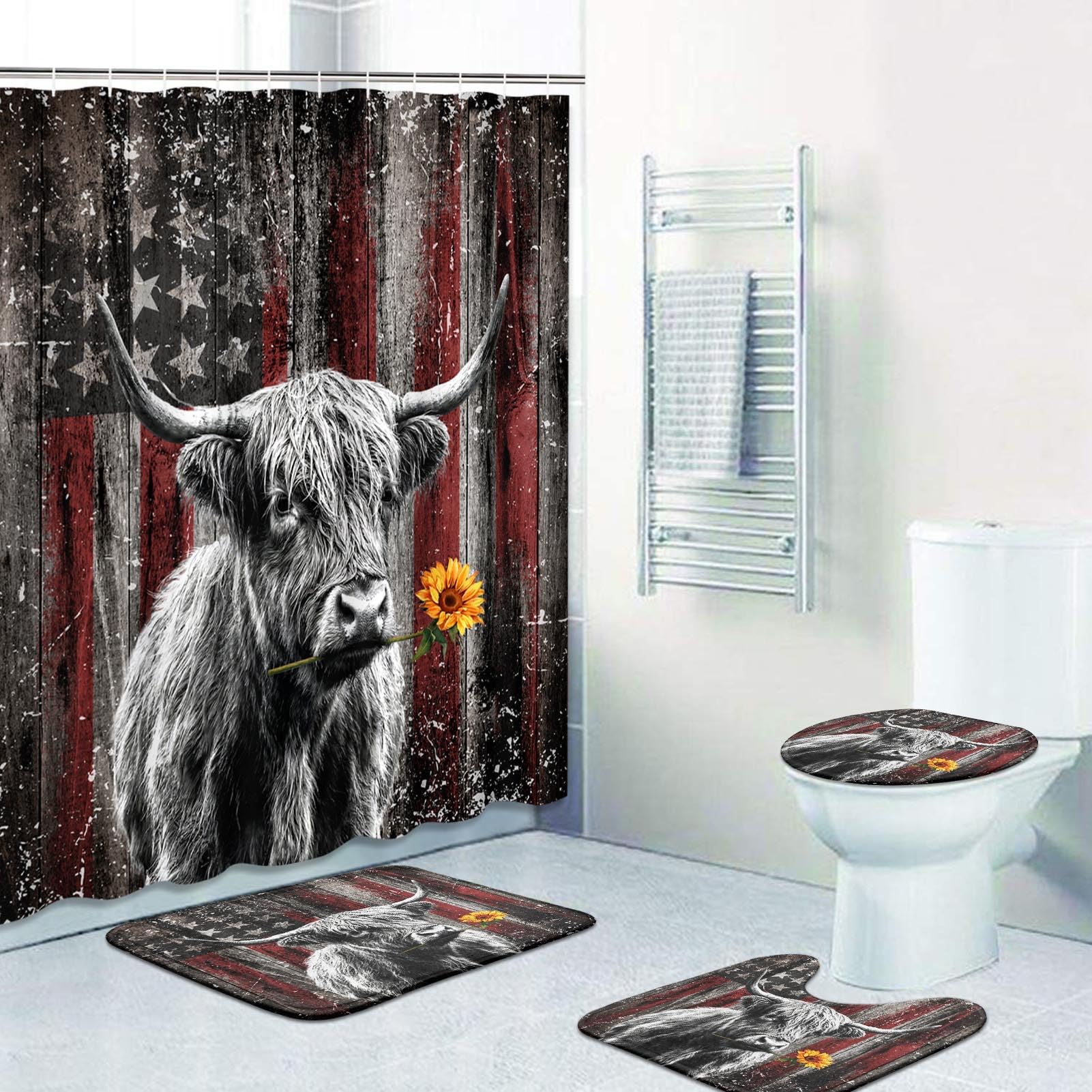 Bribay 4 Piece Shower Curtain Set, Farm Highland Cow American Flag Waterproof Bathroom Set Accessories with Non-Slip Rugs, Toilet Lid Cover Bath Mat