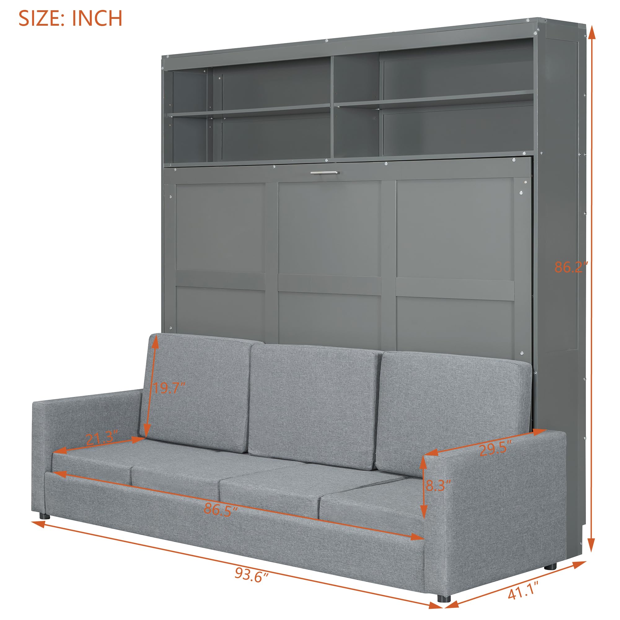 Detailed dimensions of the DERCASS Murphy Bed with Sofa in its closed, sofa configuration.