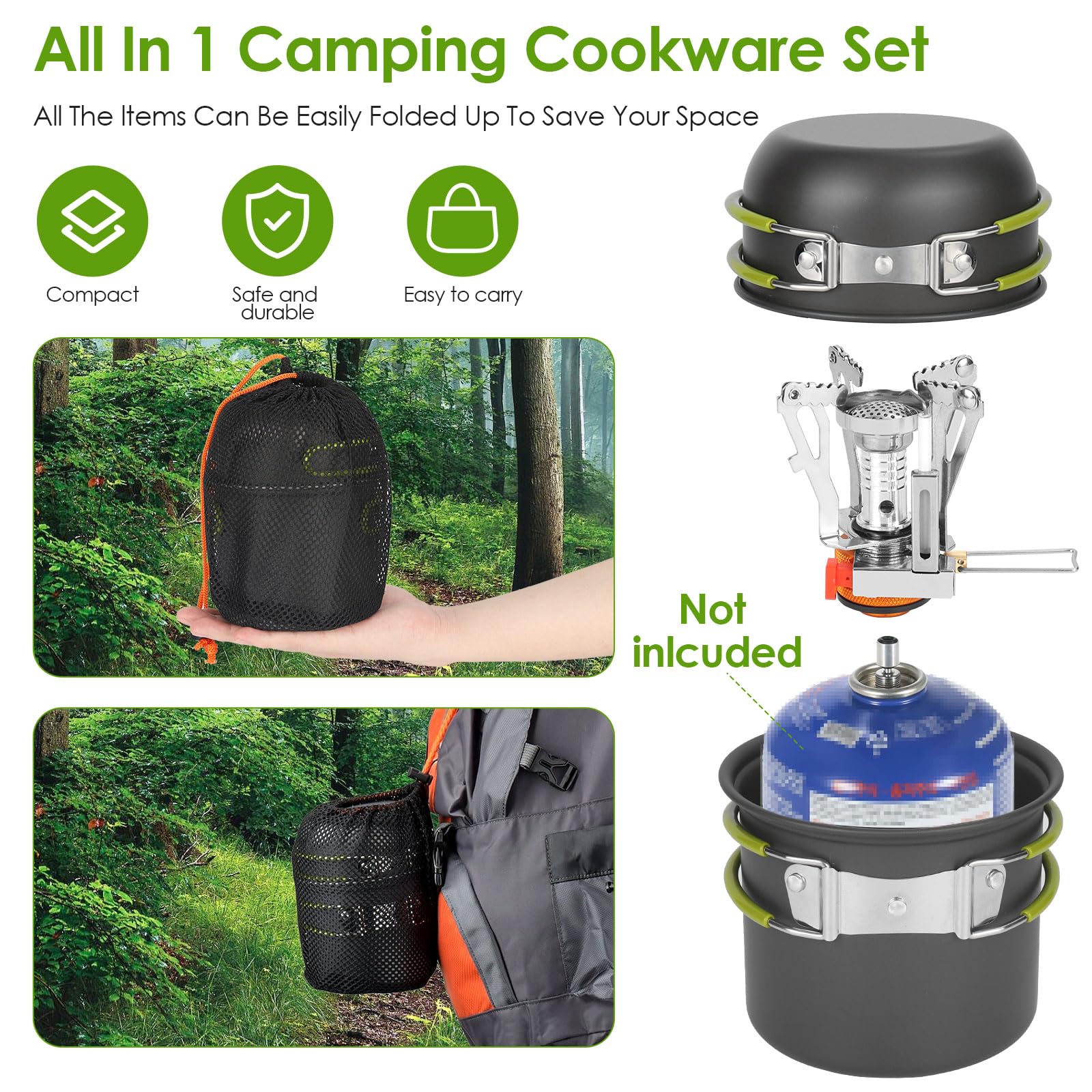 Dreamhigh® Leggero Set Pentole Campeggio, Set da 14 Pezzi Pentole Campeggio, Kit Campeggio Multiuso Con Fornello Pieghevole, Fornelletto Da Campeggio per Picnic All'aperto ed Escursioni