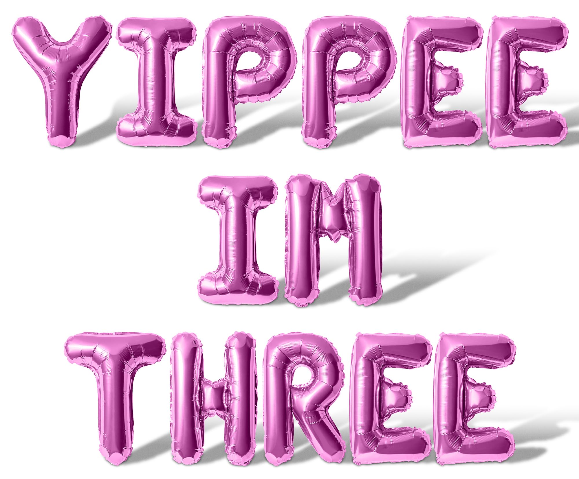 Letter Balloons - YIPPEE IM THREE 16" Inch Alphabet Letters Foil Mylar Balloon 3rd Birthday Party Banner (Pink)