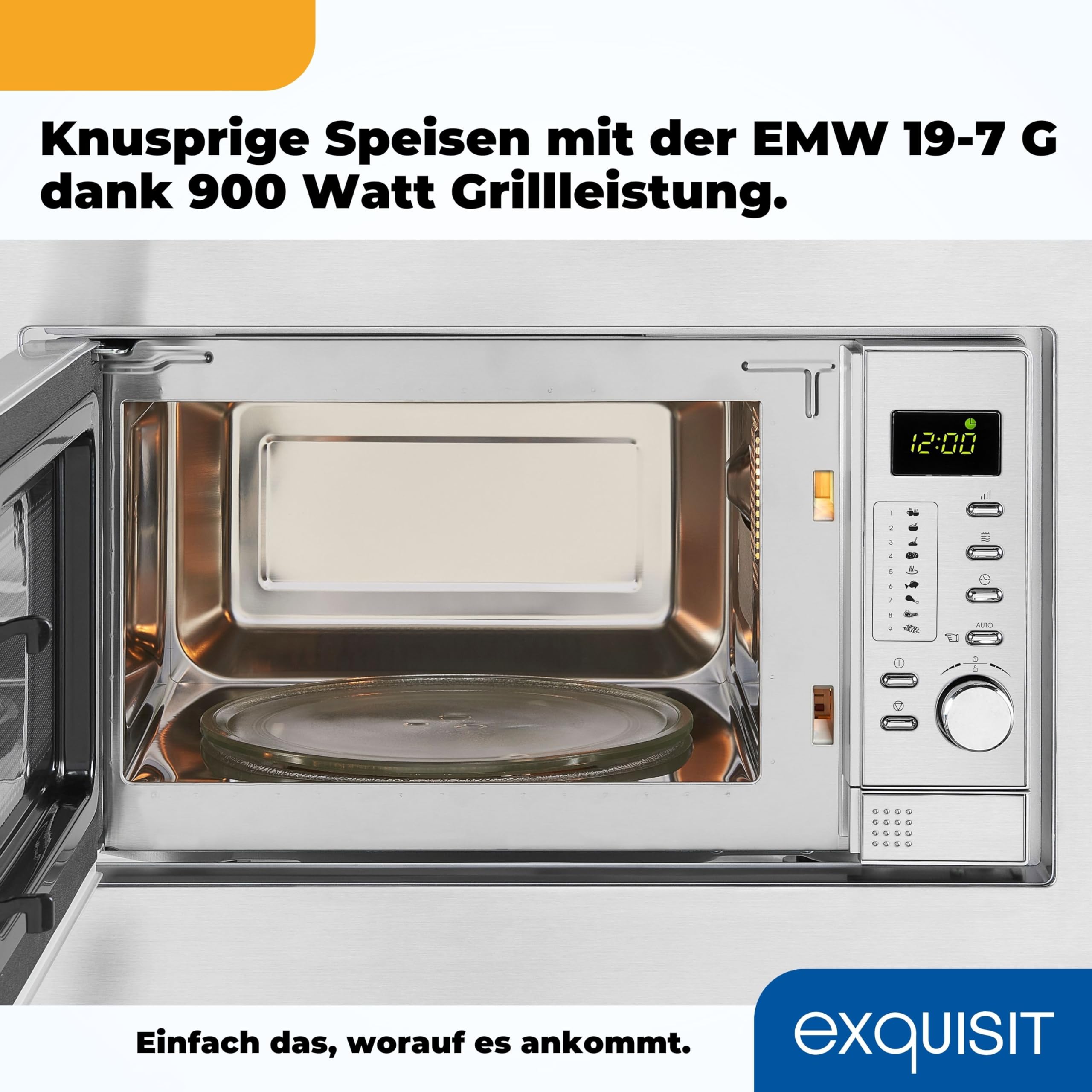 Exquisit Einbaumikrowelle mit Grill 900 W - 20 L, Silber/Edelstahl | 5 Leistungsstufen, Drehteller 24,5 cm, Einbaumaße B 59,5 x H 38,4 x T 33,5 cm, digitale Anzeige