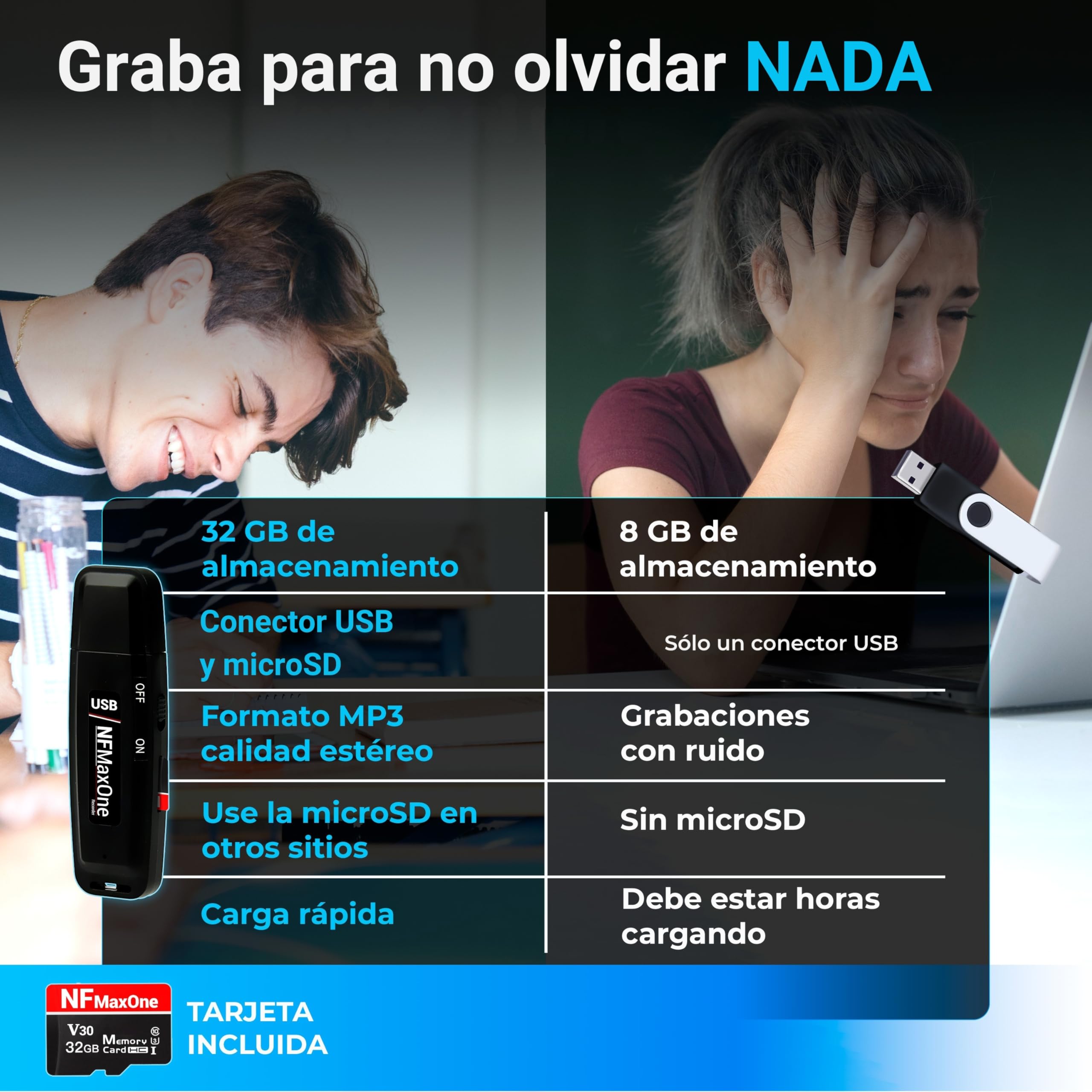 Grabadora de Voz Espia Digital con MicroSD de 32 GB incluida | Mini Grabadora de Audio Ideal para Reuniones, Entrevistas, Clases | Grabadora USB Espia Portatil con hasta 500 Horas Grabación NFMaxone