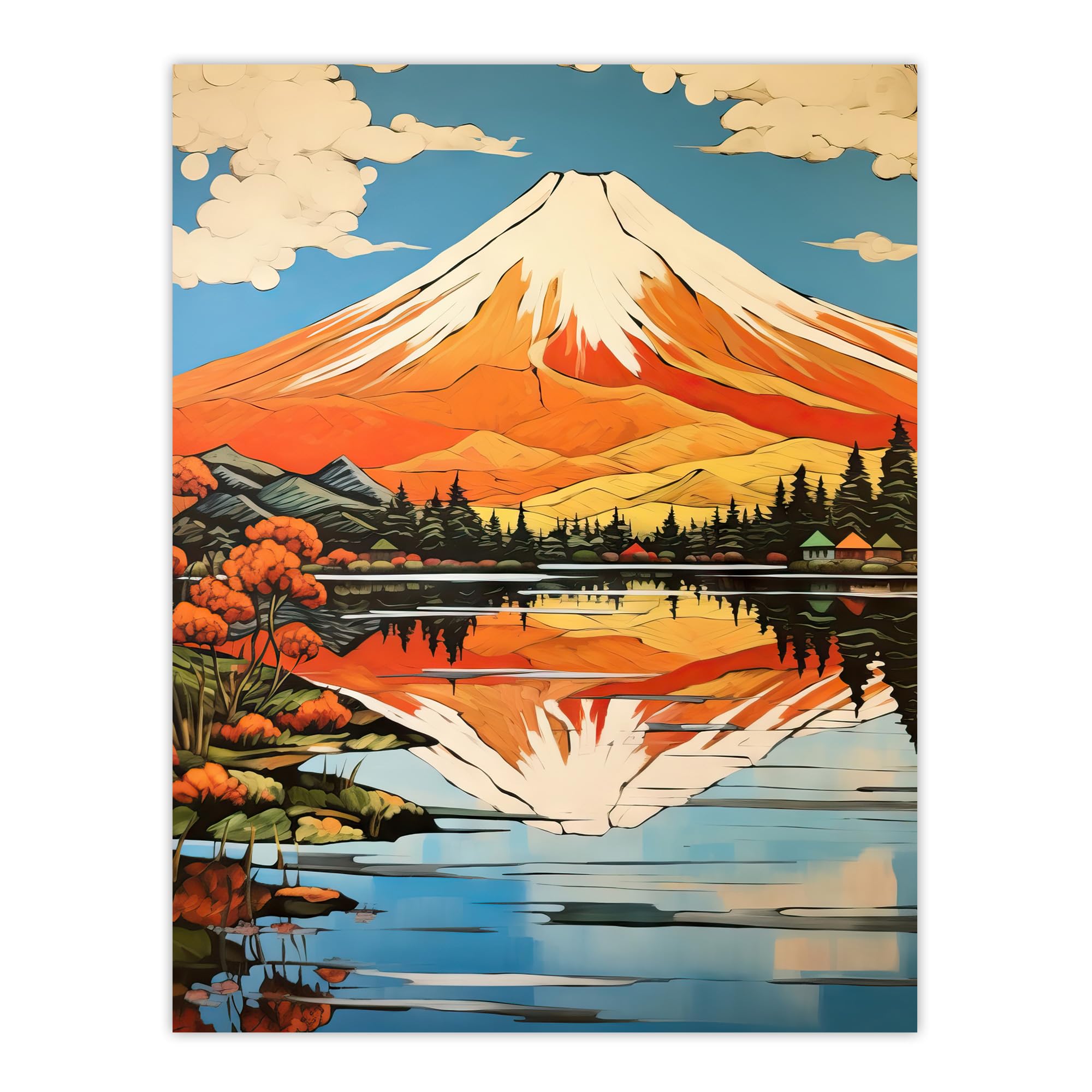 Artery8 Mount Fuji Reflecting In Lake Kawaguchi Waters Oil Painting Japan Sacred Volcano Mountain Extra Large XL Wall Art Poster Print