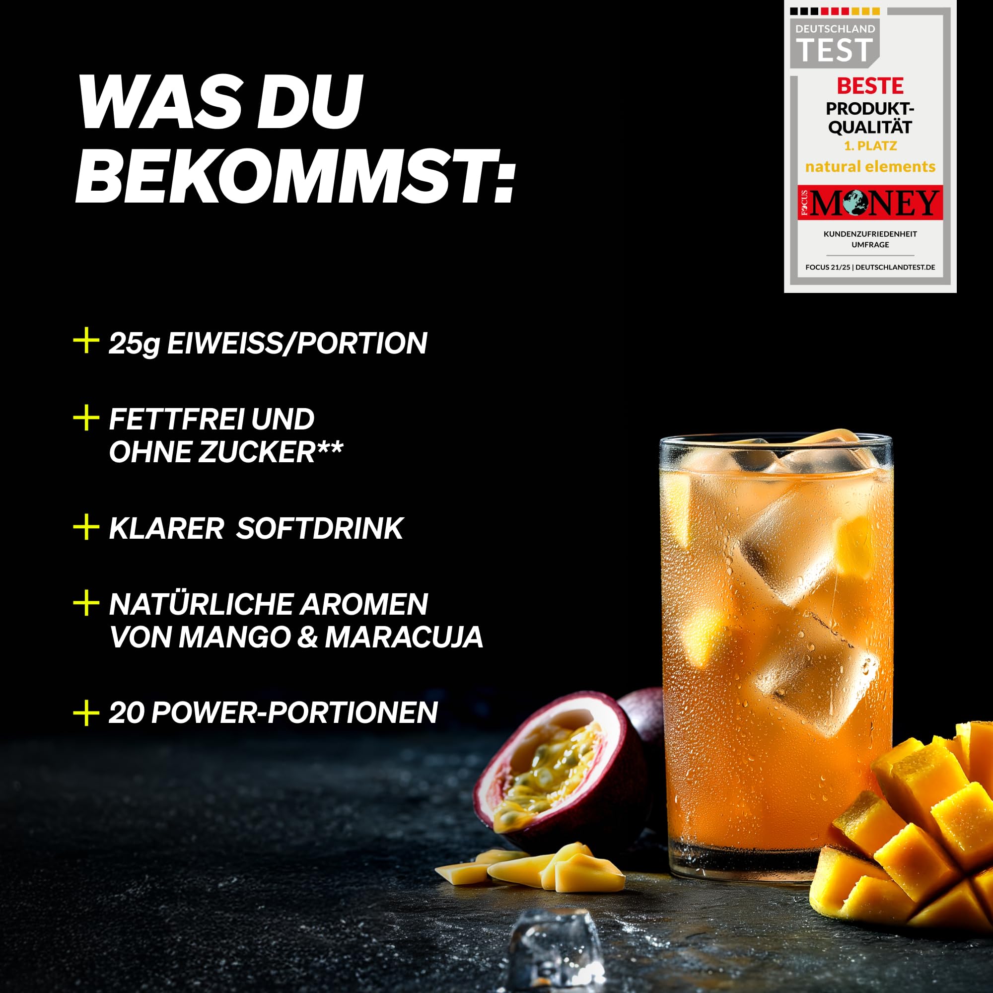 natural elements SoProtein Clear Whey Isolate – Mango Maracuja Geschmack – 600g Proteinpulver – 25g Protein – erfrischender Protein-Shake, optimal löslich – in Deutschland entwickelt & laborgeprüft