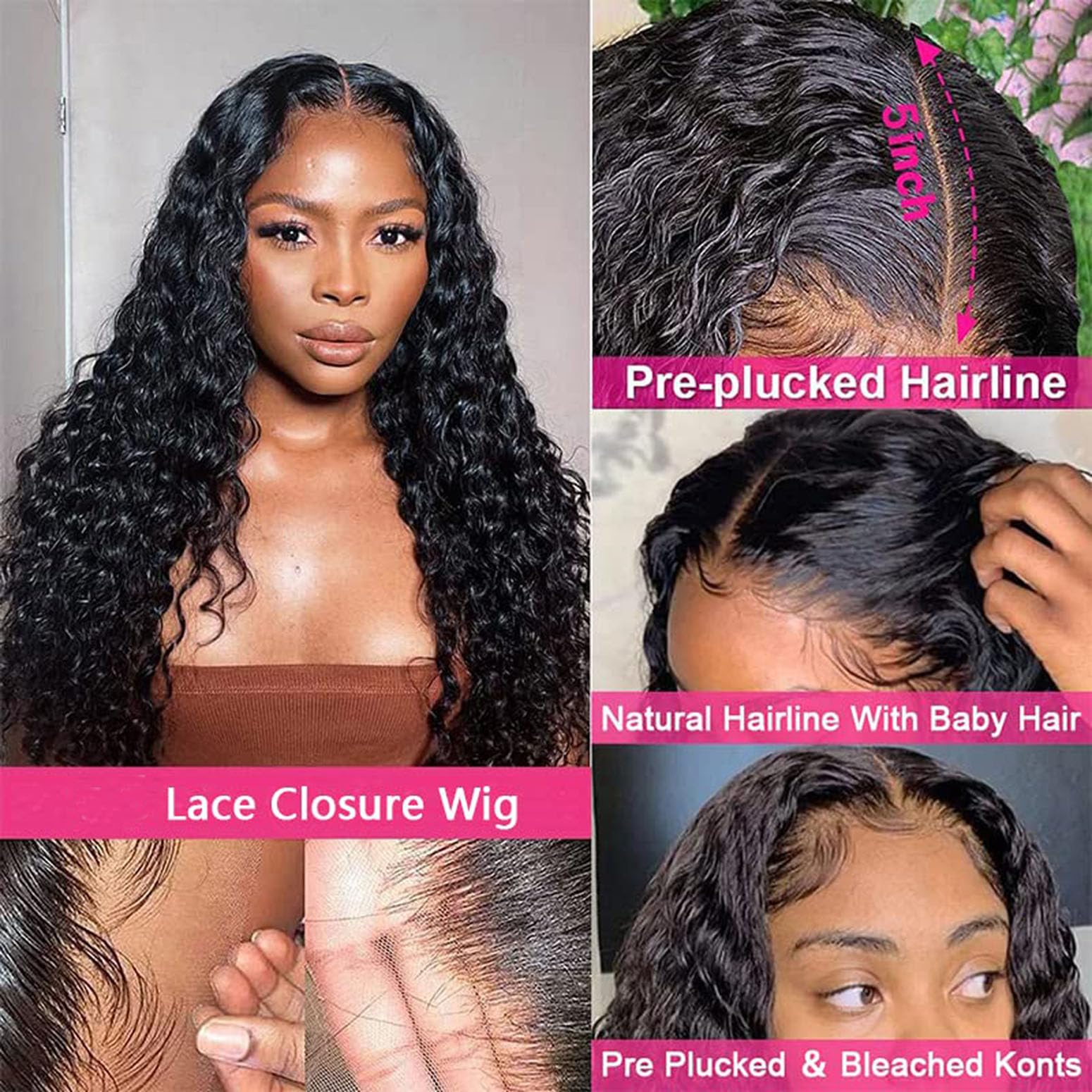 Echthaar Perücke für Damen Perücken Deep Wave Human Hair Wig 4X4 Lace Closure #1B Black Color 150% Density Unprocessed Remy Hair Glueless 34 Zoll