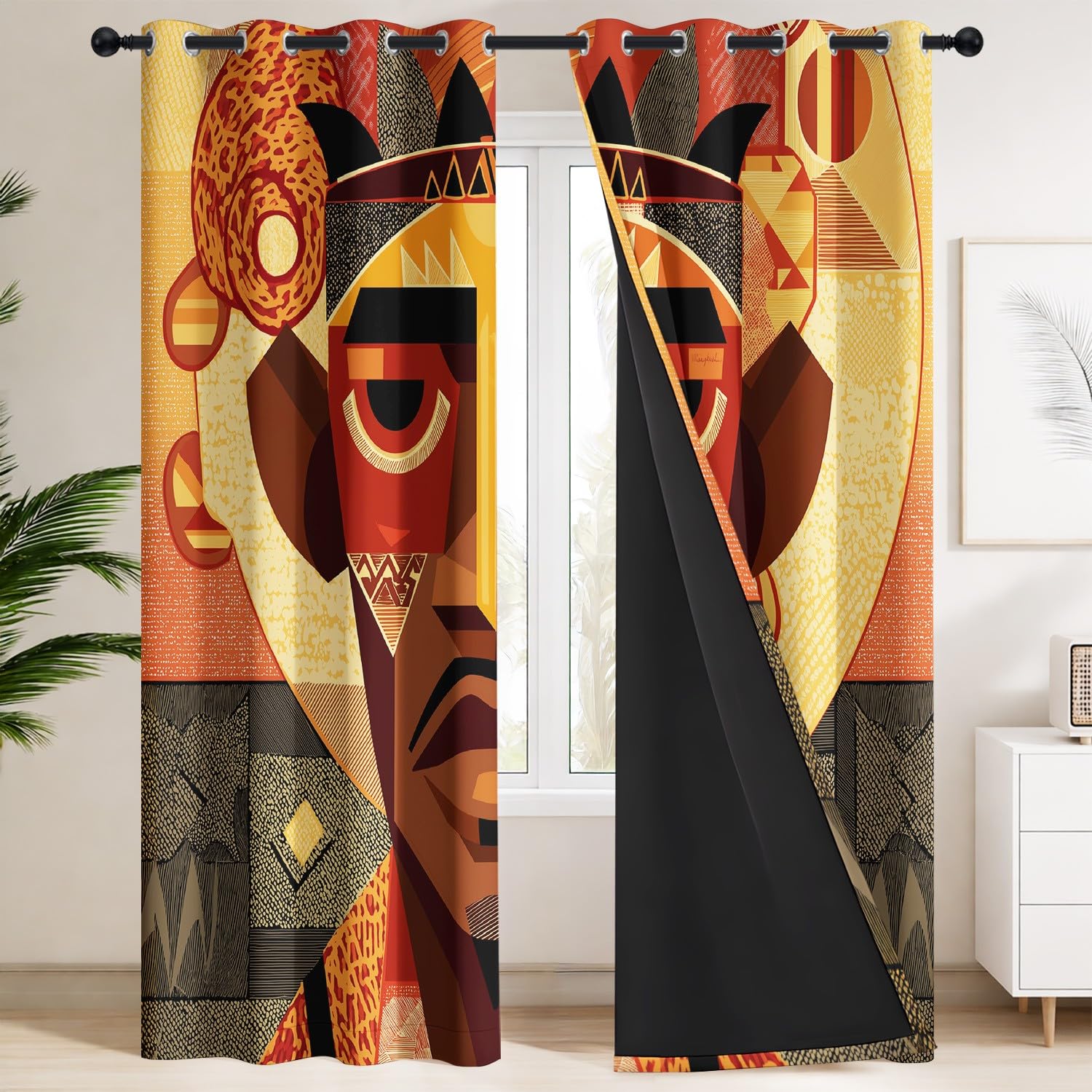 Generico Tende Oscuranti per Amante Dell’Arte, Tribale Personaggi Simboli, Marrone, Stile Africano, Tenda Microfibra con Anelli per Interni Camera da Letto Soggiorno L 140 x A 260 cm, 2 Pezzi