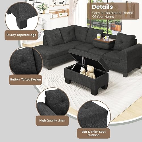 Miniatura 8 de AWQM Sofá modular modular con otomana, sofá de tela en forma de L con diván y portavasos, juegos de muebles de sala de estar, juego de sofá