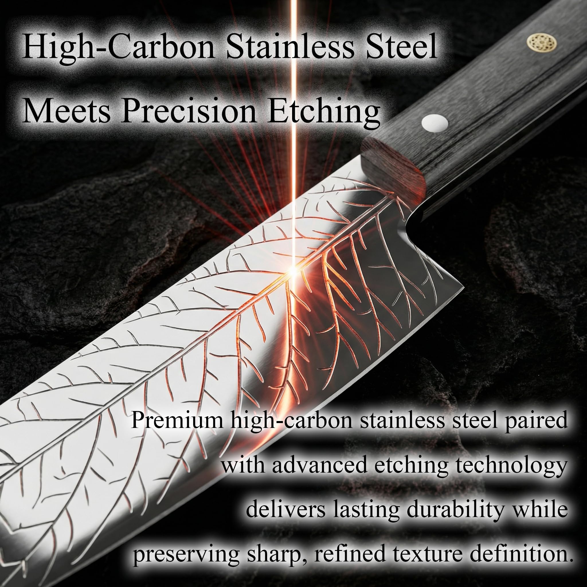 8-Inch Leaf‑etched Chef Knife –ALLWIN HOUSEWARE Deep Electro‑etched Leaf Pattern with 3D Air‑Pocket Design, Premium Stainless Steel Blade & Ergonomic Wood Handle for Kitchen Cooking Gift Grey — Amazon image 4
