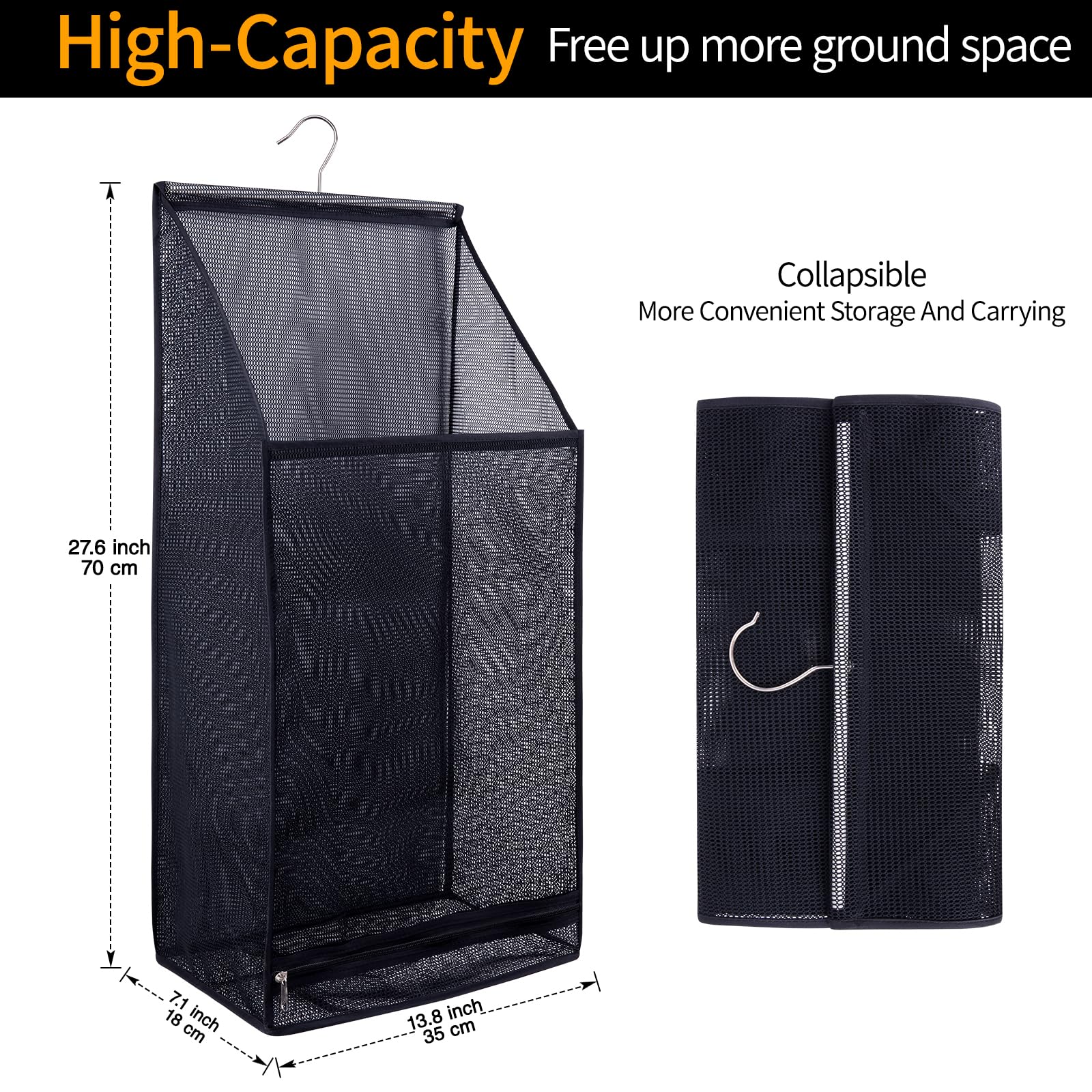 Hanging Collapsible Breathable Mesh laundry bags,Fast Drying Portable Space Saving Laundry Hamper for dorm,Rv Laundry Hamper Storage (Black)