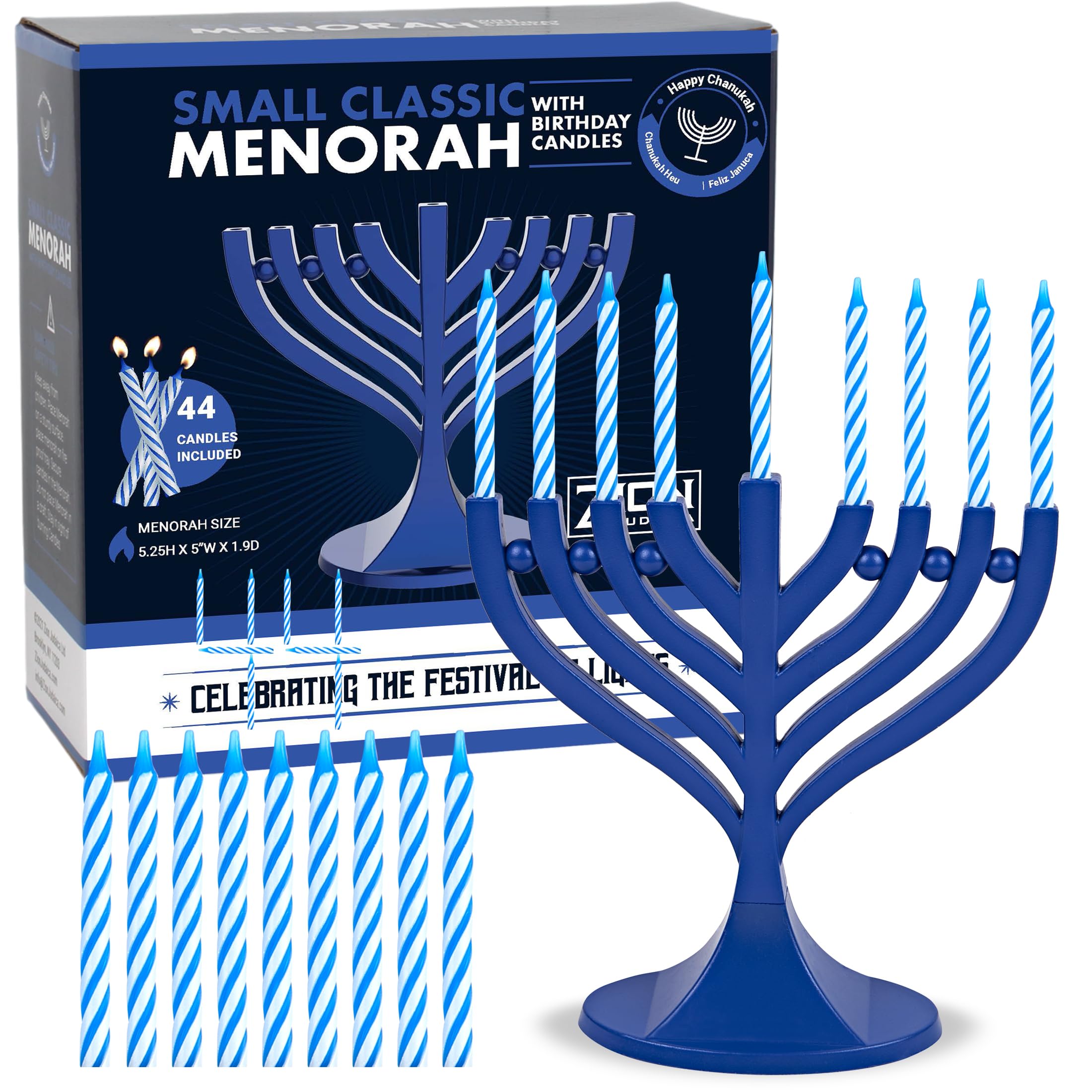 Zion Judaica 5.25" Mini Menorah with Hanukkah Candle Set - Dark Royal Blue with 44 Blue White Mini Chanukah Candles Small Minorah Hanukkah Decoration or Gift