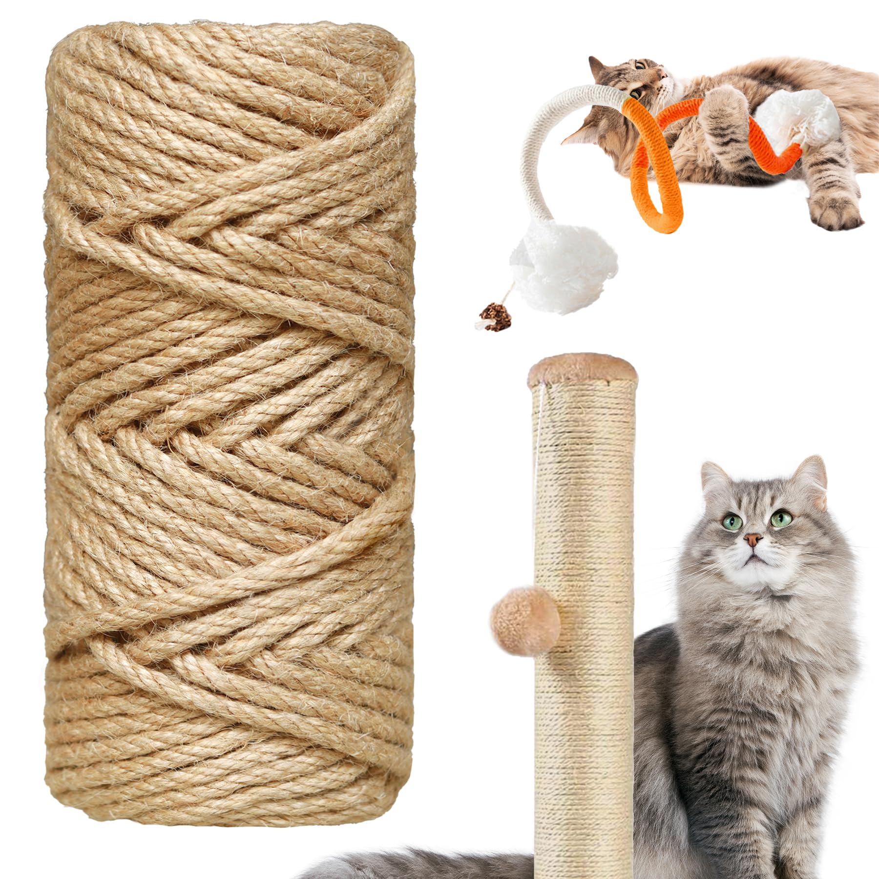 Natural Sisal Rope for Cat Scratcher,1/4 inch,98Ft,Natural Jute Rope for Cat Scratcher Repair and DIY Tree, Recovering, Hemp Twine Rope for Cat