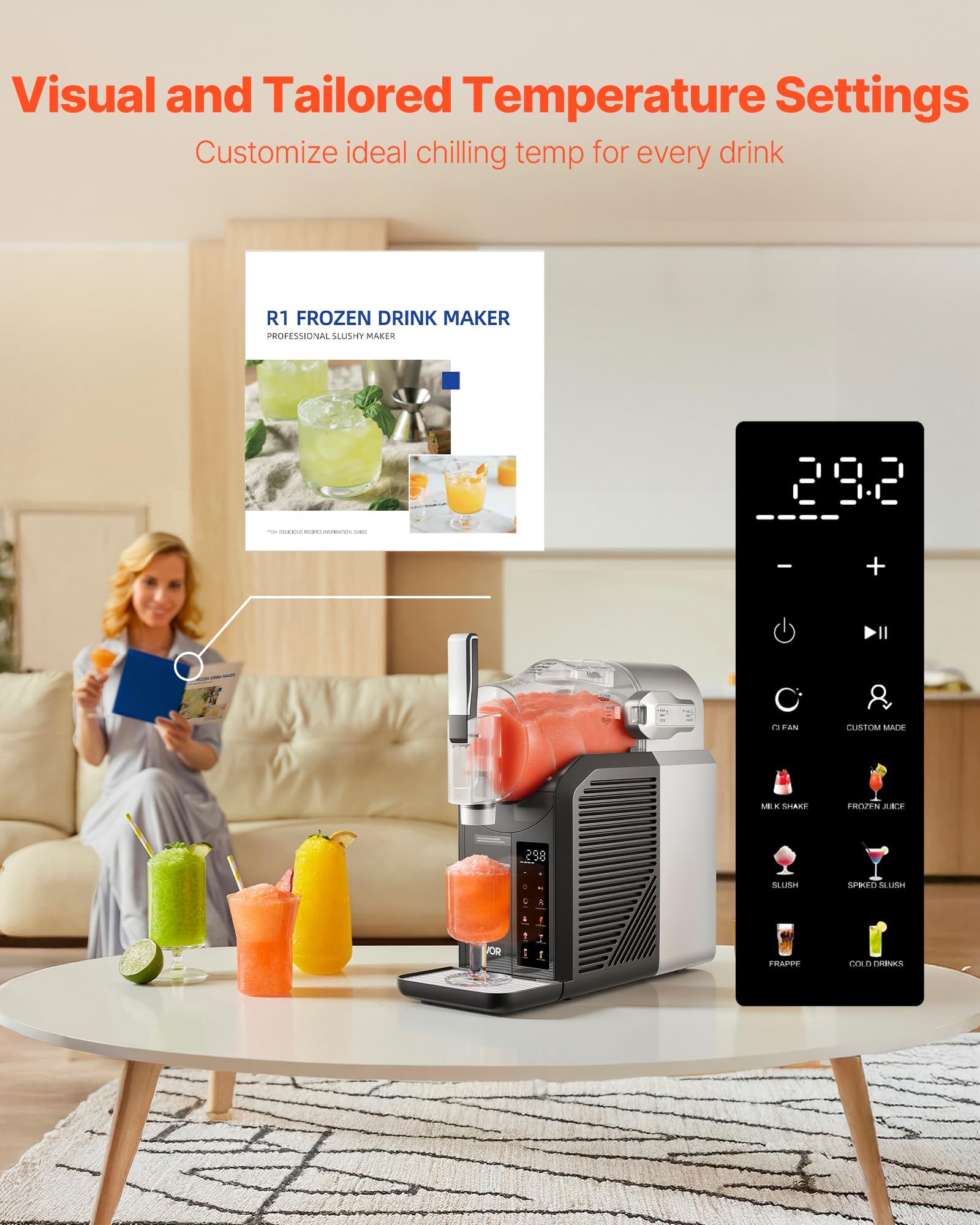 VEVOR Mini Macchina per Bevande Ghiacciate da Casa, Capienza ca. 2 Litri, Macchina per Frullato Slush Senza Ghiaccio con Funzione Autopulizia, Bevande Fredde, 6 Programmi Preimpostati, Uso Domestico