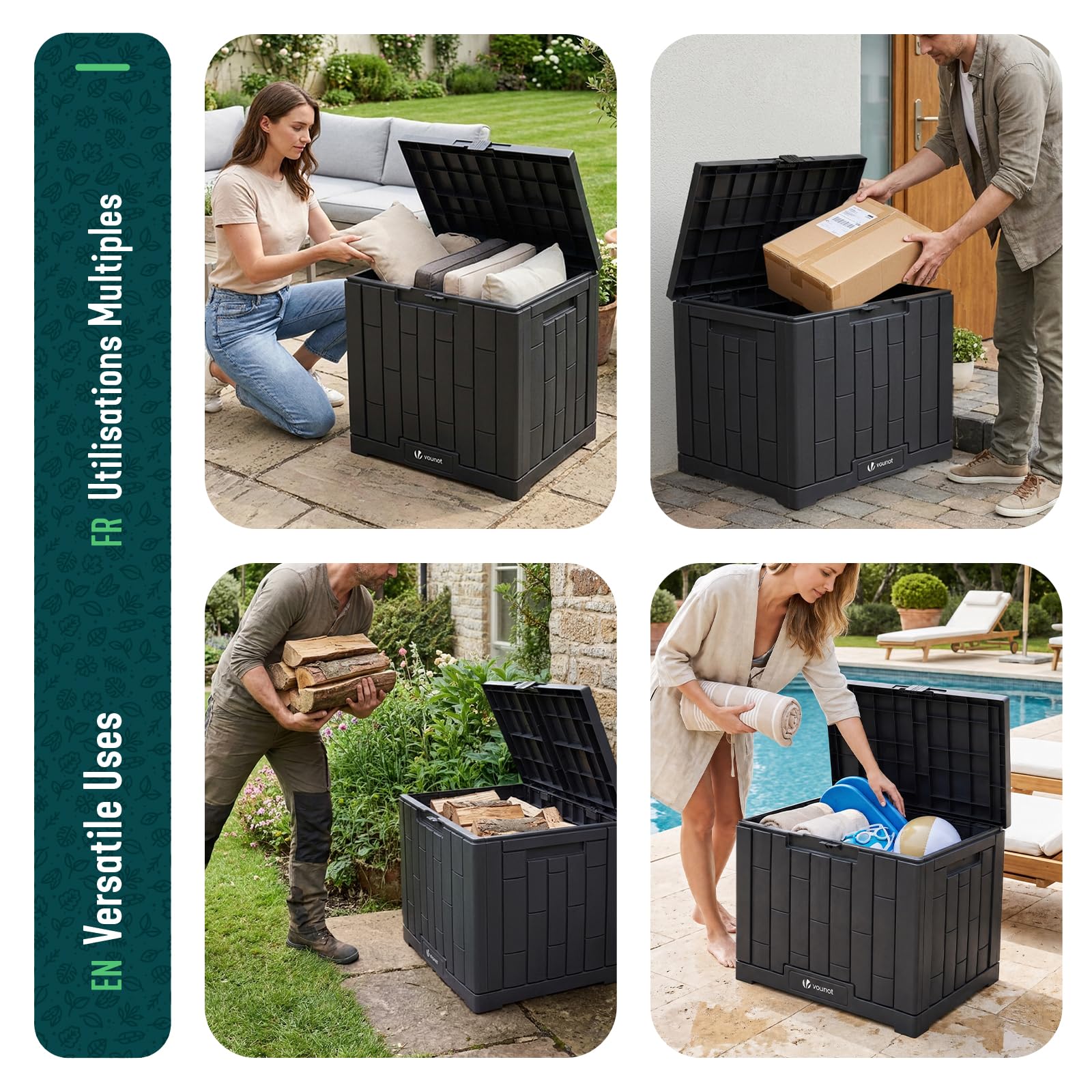 VOUNOT® Baule da Esterno 126L, Cassapanca da Giardino Impermeabile e Resistente ai Raggi UV con Chiusura Integrata, Coperchio Maniglie Incassate 56x44x53 cm per Terrazza, Balcone e Piscina, Antracite