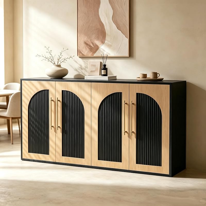 Seang Buffet Cabinet with Storage,55" Modern Arched Sideboard Cabinet with 4 Fluted Doors,Metal Handle and Adjustable Shelf,Wooden Console Table Credenza for Living Room,Entryway,Natural & Black