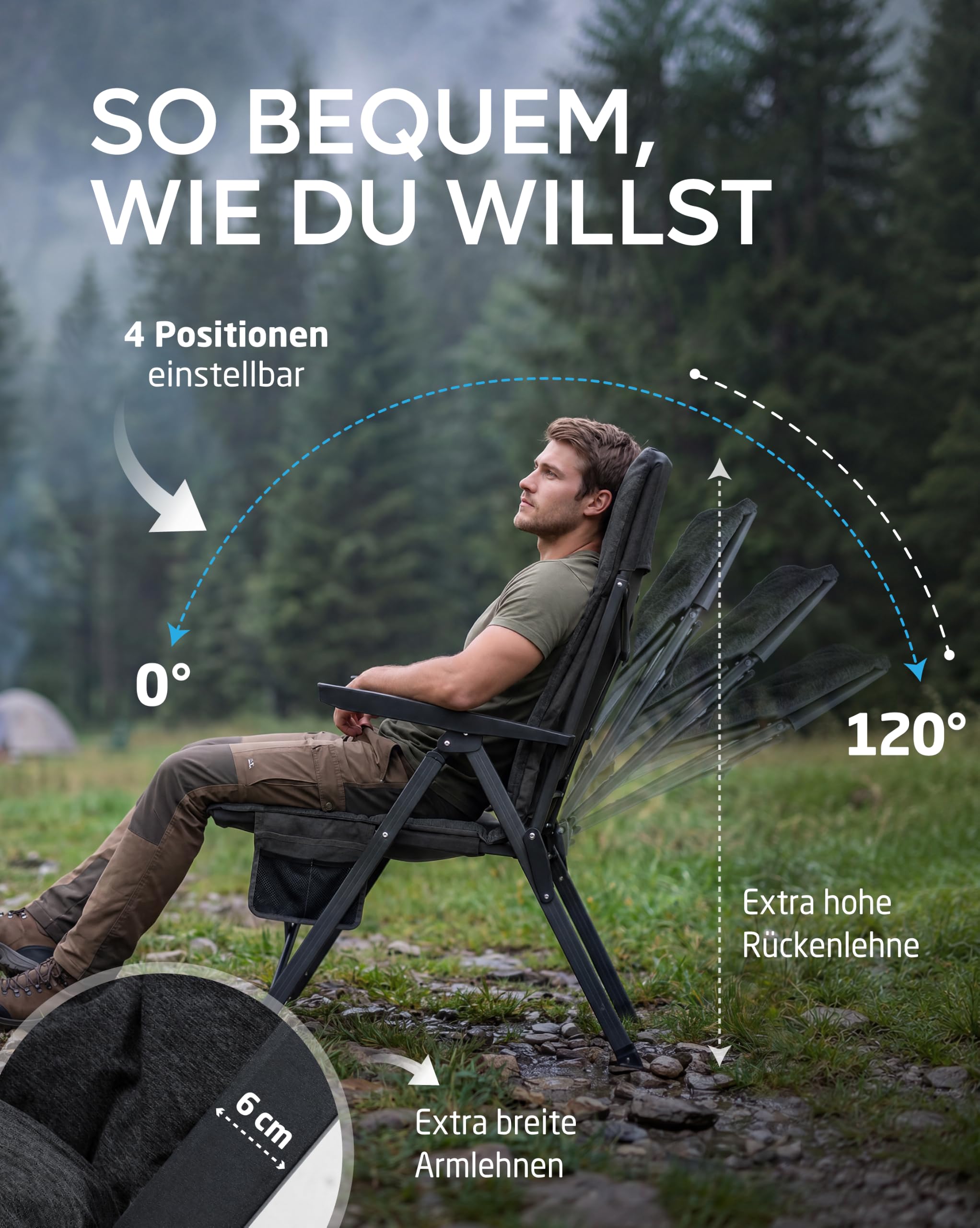 NORDMUT® Premium Campingstuhl faltbar mit hoher Lehne – Stabiler Klappstuhl Camping verstellbar in 4 Positionen – bequemer Gartenstuhl mit 140 kg Belastung für Camping & Outdoor