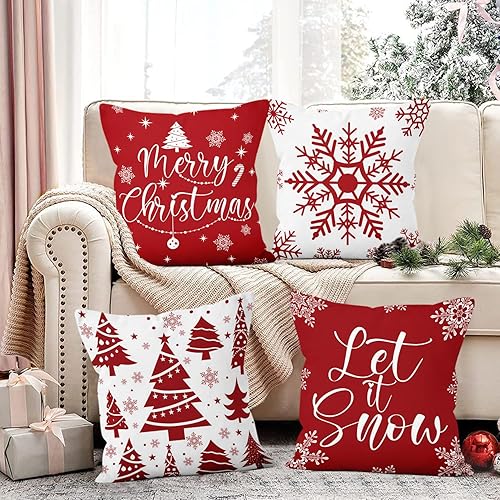 Miniatura 5 de Juego de 4 fundas de almohada rojas de Navidad de 18 x 18 pulgadas, decoraciones navideñas con copos de nieve, fundas de almohada de árbol de