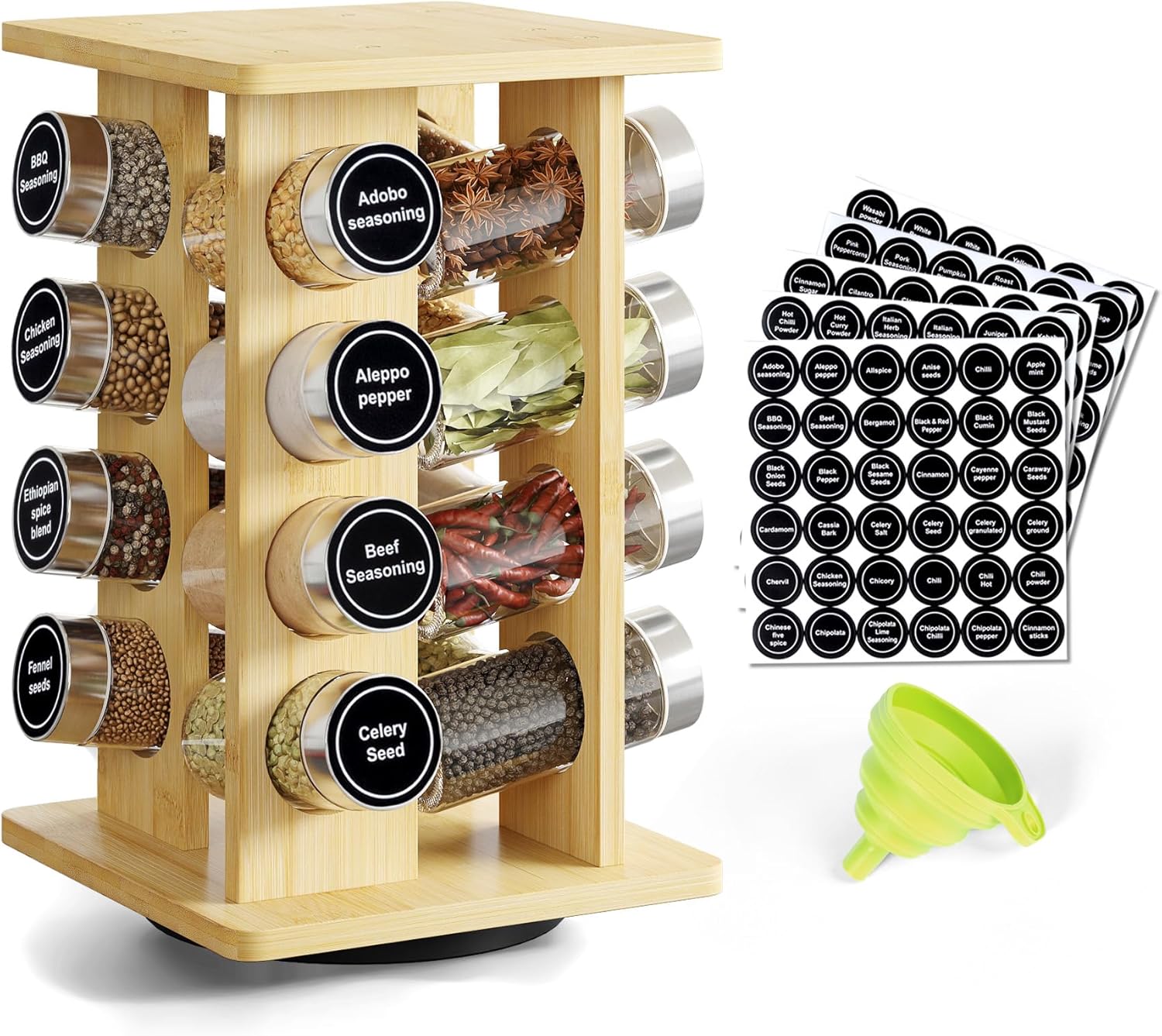 WelFurGeer Bamboo Spice Rack Organizer for Countertop, Revolving Spice Shelf with 16 Glass Jars, Lids & Labels, Desktop Rotating Seasoning Organizer for Kitchens, Space-Saving Design 4 Tiers