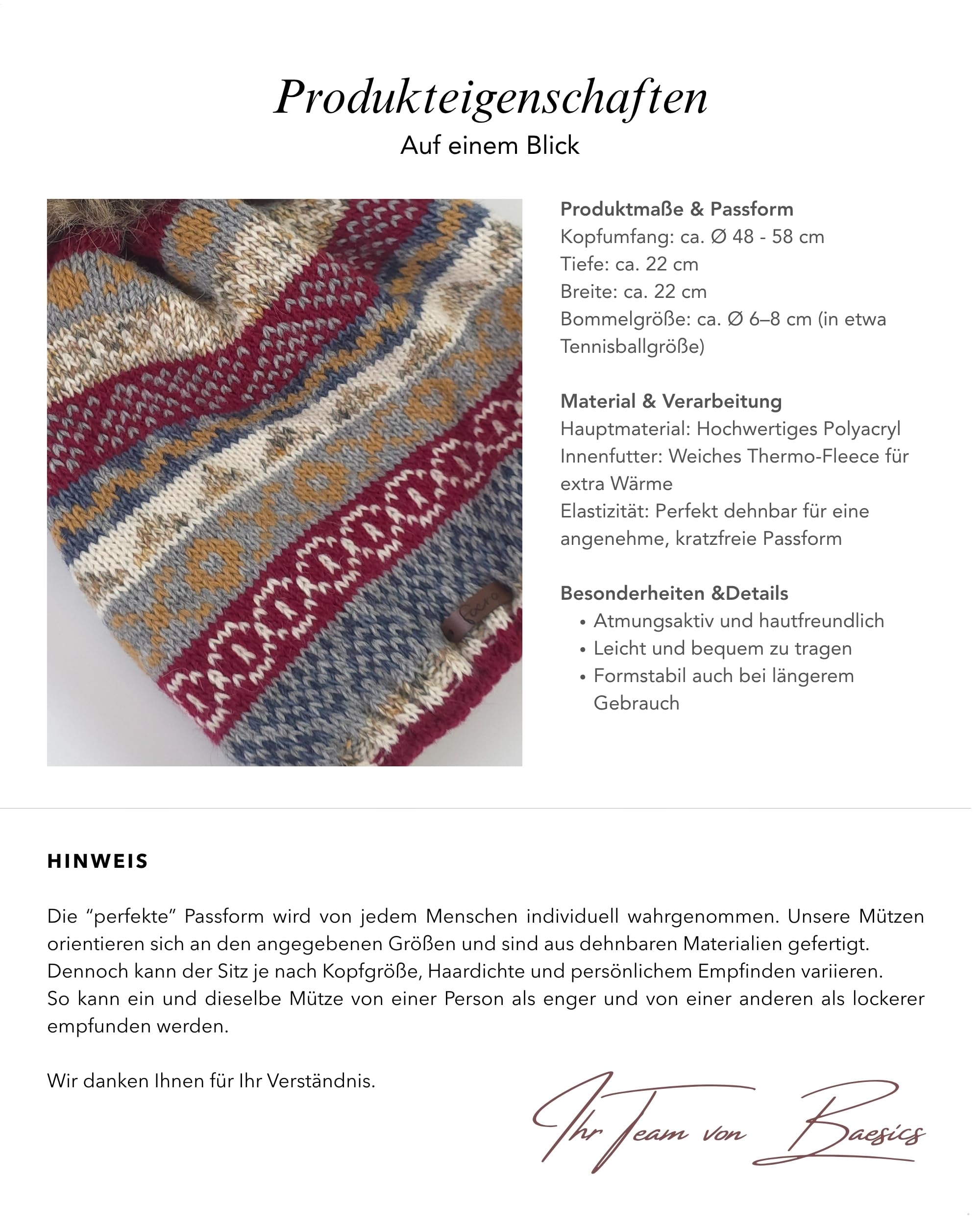 Baesics Gorro de invierno con estampado para mujer y hombre, gorro con pompón de piel sintética, gorro de punto, estilo Beanie, fabricado en la UE, talla única, cálido y elástico con forro polar