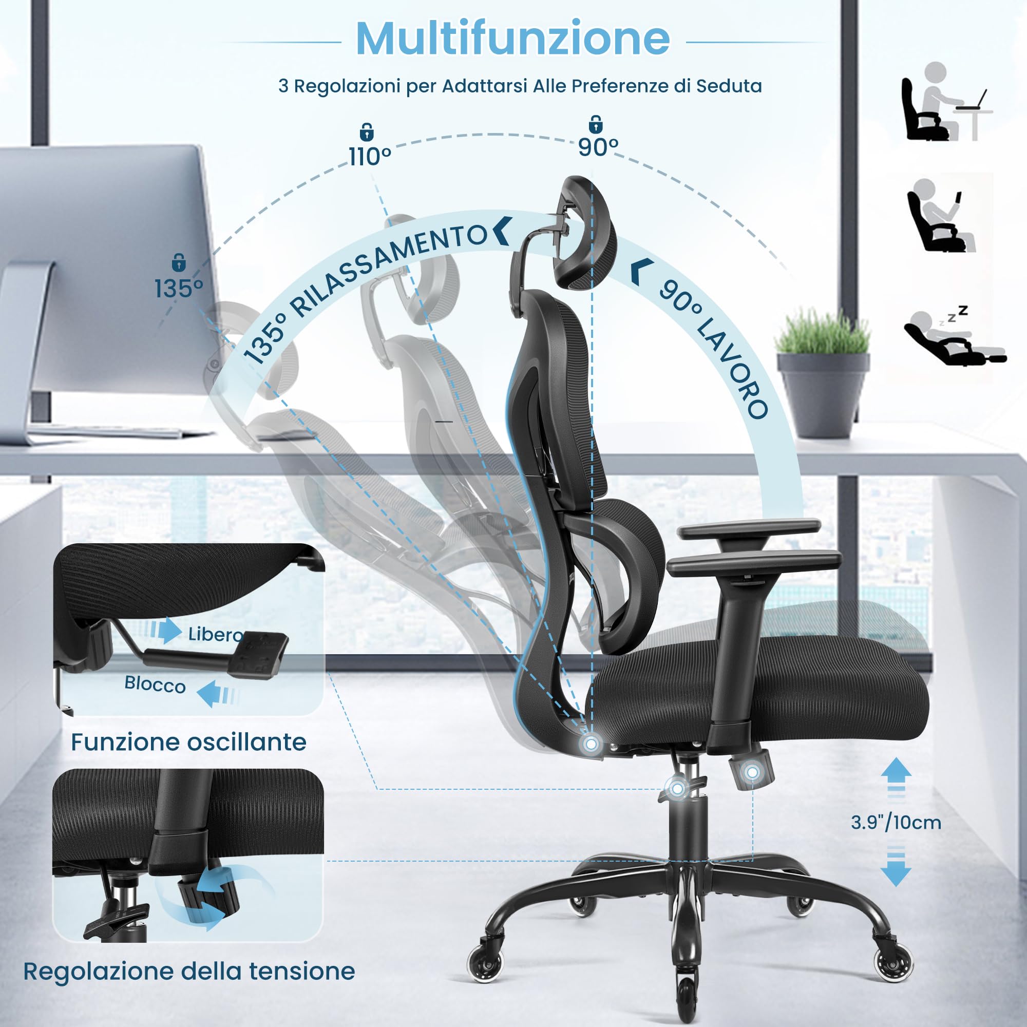 KERDOM Sedia da Ufficio, Sedia Scrivania Ergonomica,con Poggiatesta Regolabile, Braccioli, Supporto Lombare, Sedia Ergonomica contro il Dolore alla Schiena, 150kg/330lbs, 9070F Nero