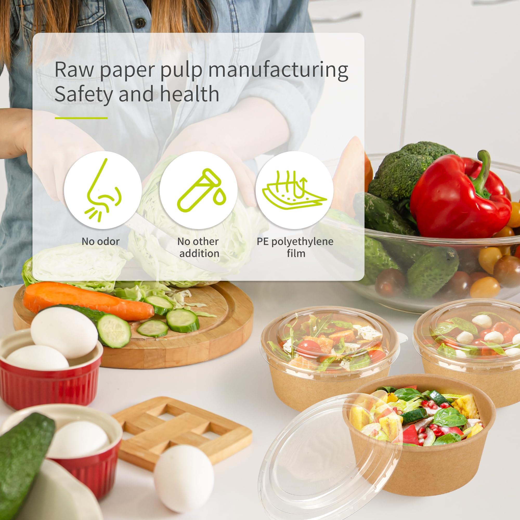 Paquete de 50 cuencos de papel de 25 onzas con tapas, cuencos desechables para sopa, cuencos de ensalada resistentes, en papel kraft de grado alimenticio, ecológicos, duraderos, sin fugas, para