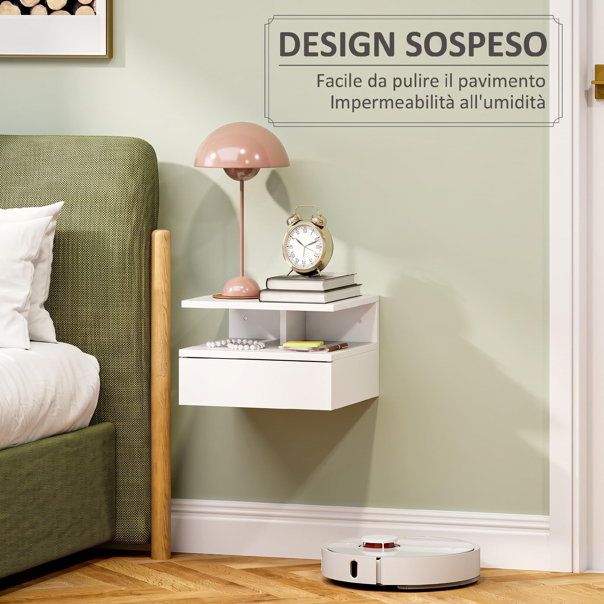 HOMCOM Comodino Sospeso Salvaspazio 35x32x22.5cm Bianco