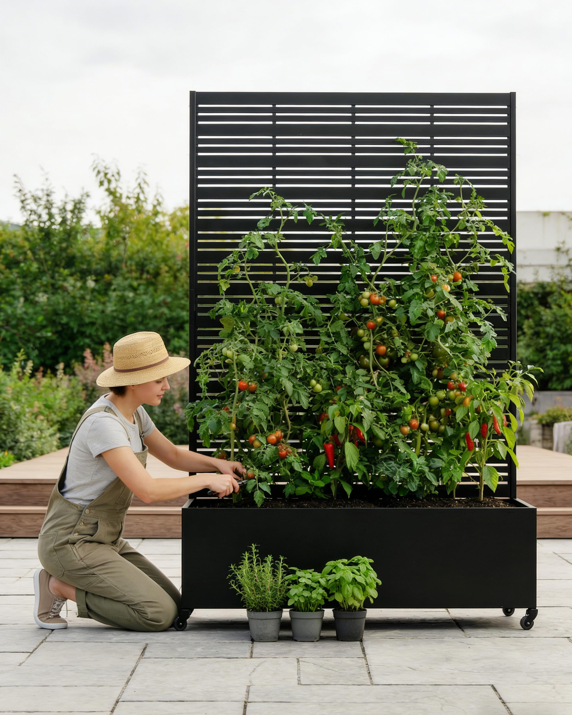 Hochbeet mit Sichtschutz, Metall Pflanzkasten mit Rankgitter und Rollen, freistehender Pflanzkübel 33cm tief, wetterfest für Blumen und Kletterpflanzen - Ideal für Garten, Balkon und Terrasse