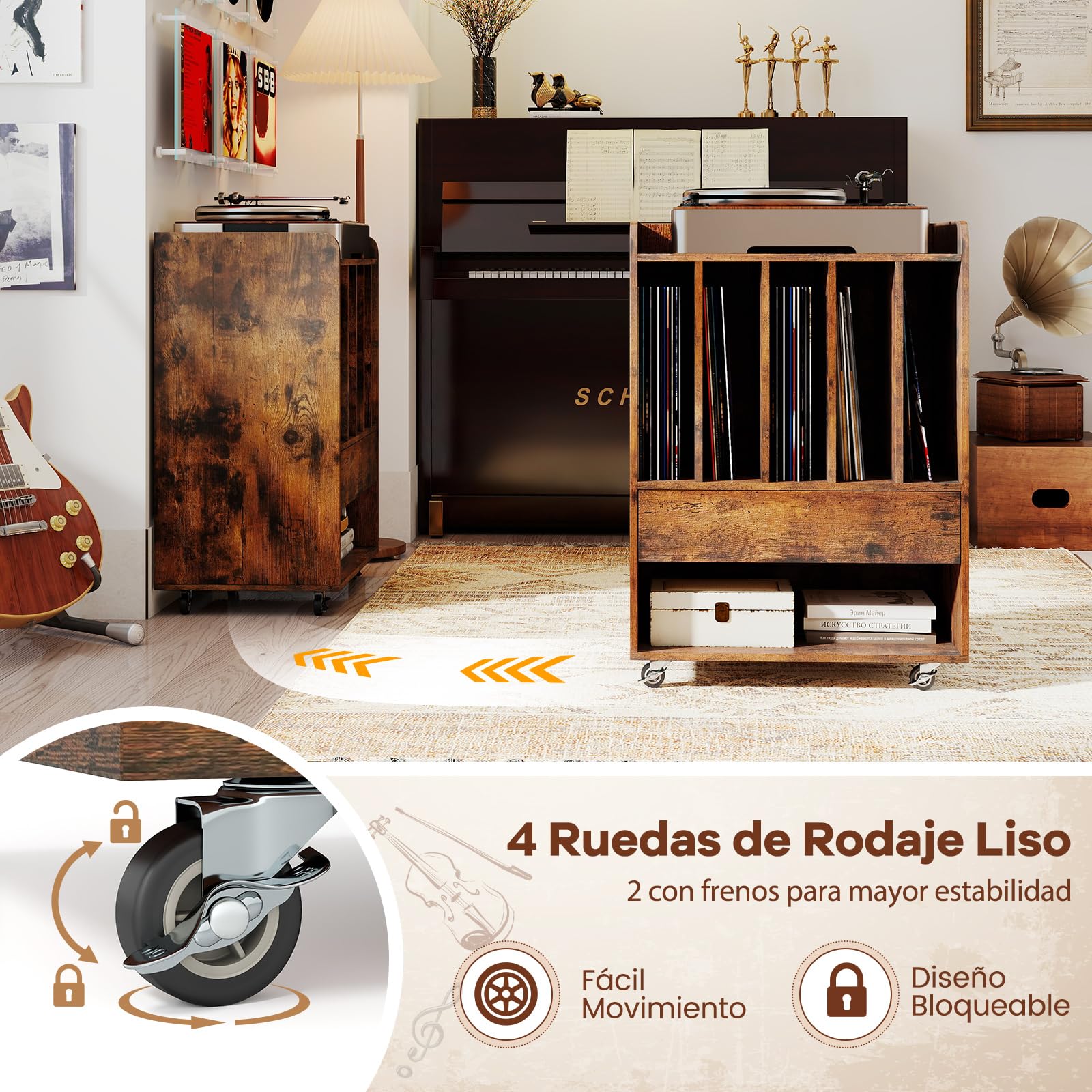 COSTWAY Soporte para Tocadiscos con Ruedas, Mueble para Discos de Vinilo con 5 Compartimentos, Cajón y Estante Abierto, Mesa Auxiliar para Tocadiscos para Salón, Oficina, 52 x 35,5 x 73 cm (Marrón)
