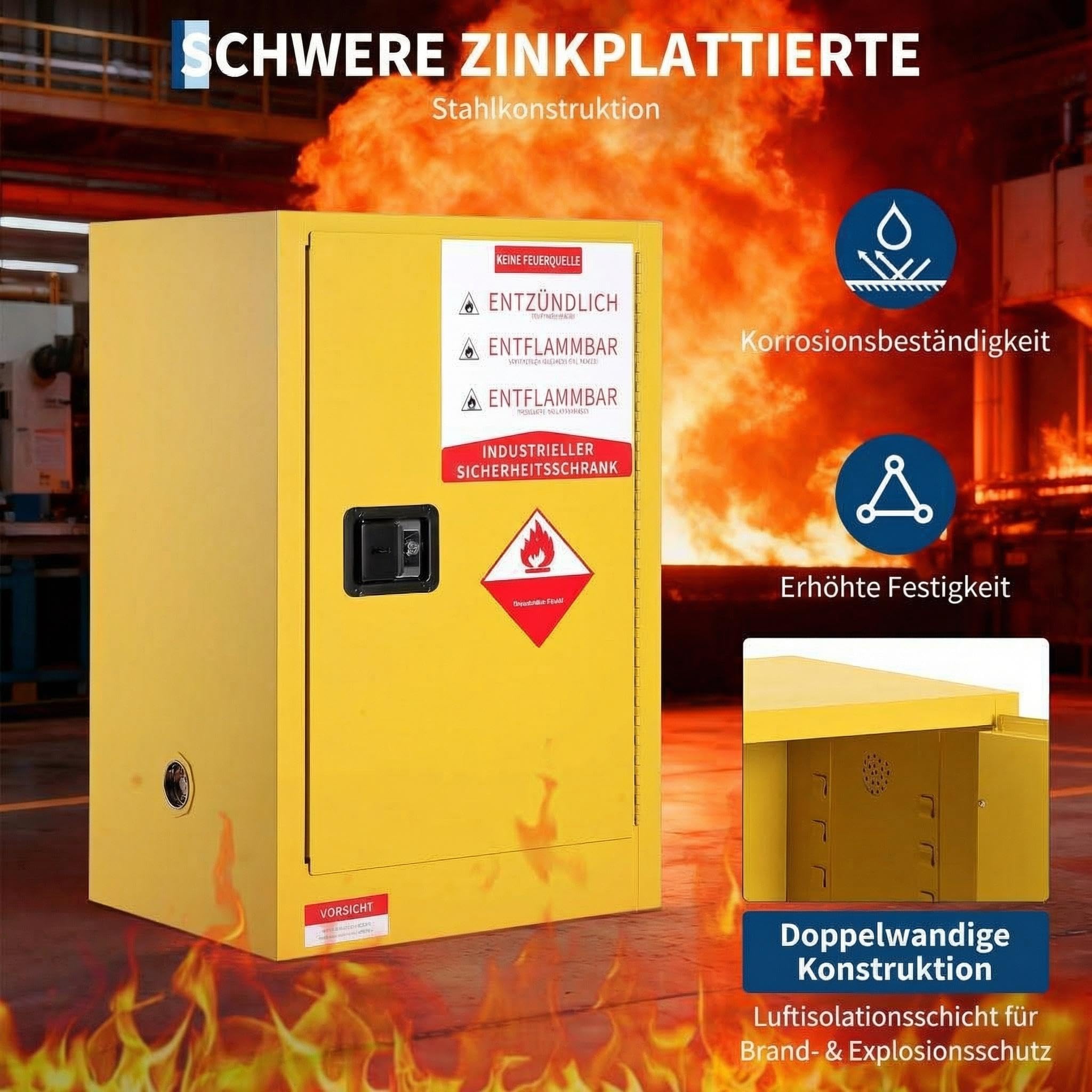 Garvee Feuerfester Sicherheitsschranke Für Brennbare Flüssigkeiten,Sicherheitsschrank Abschliessbar, 16 gal,Schrank Mit Einem Verstellbaren Regal,457 x 457 x 889mm