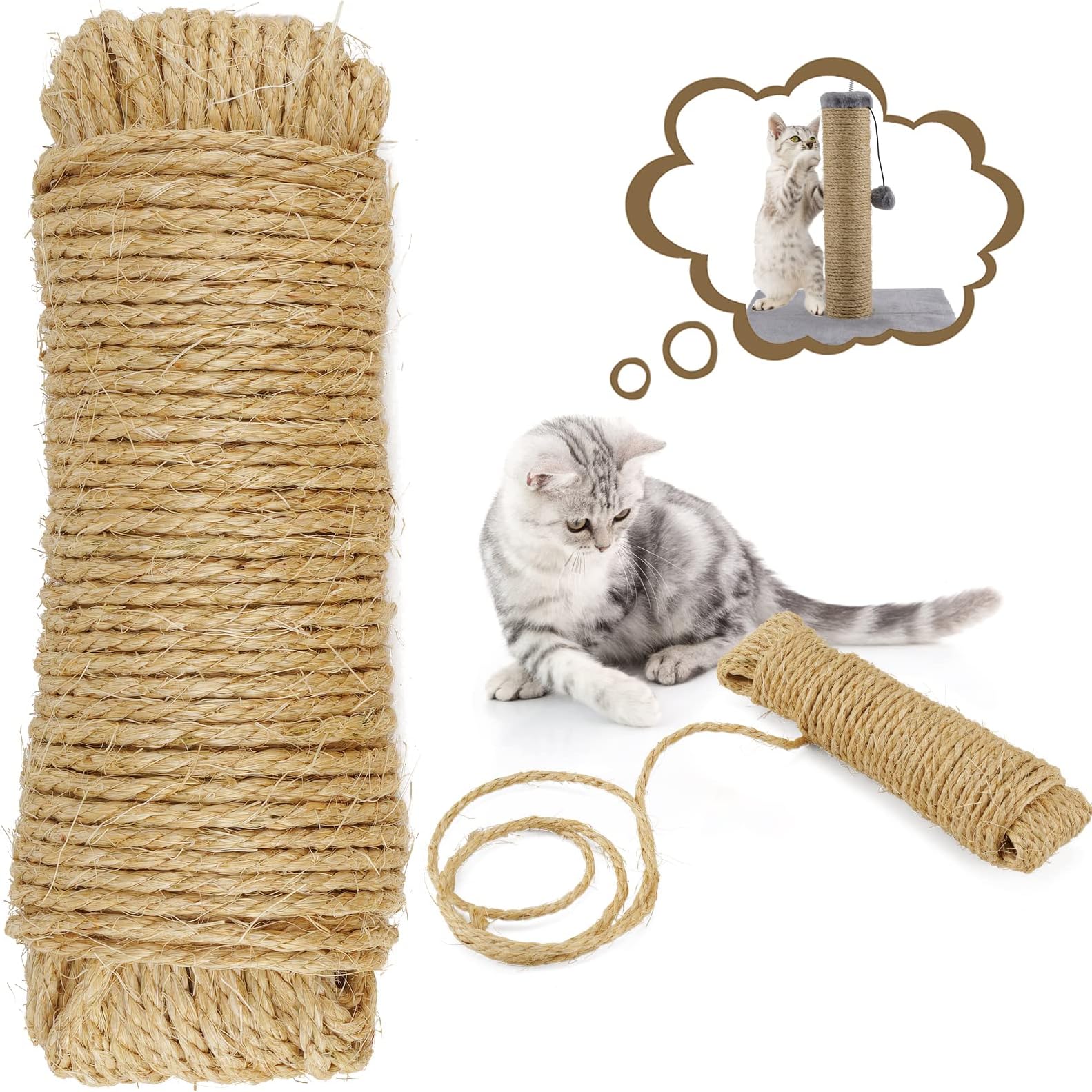 QUE HENEQUEN 131Ft Sisal Rope 6mm Perfect for Cat Scratcher Post Replacement Rope, Cat Trees