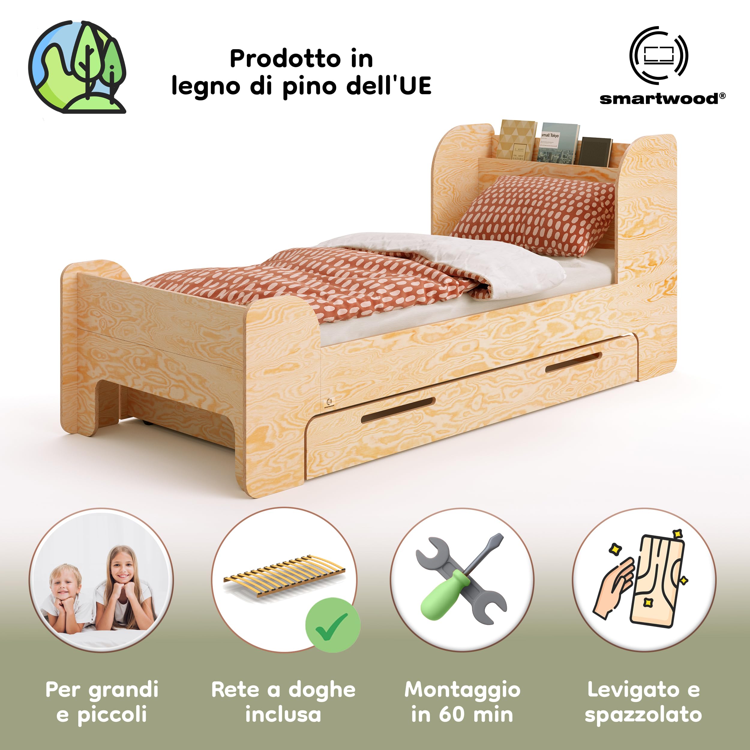 smartwood Letto Bambino 90x190 cm con Cassetto, in Legno di Pino, Flou D | incl. Cassetto, Testiera con Ripiano, Rete fino a 230 kg, in Legno di Pino FSC, Letto per Ragazze & Ragazzi dai 3 anni