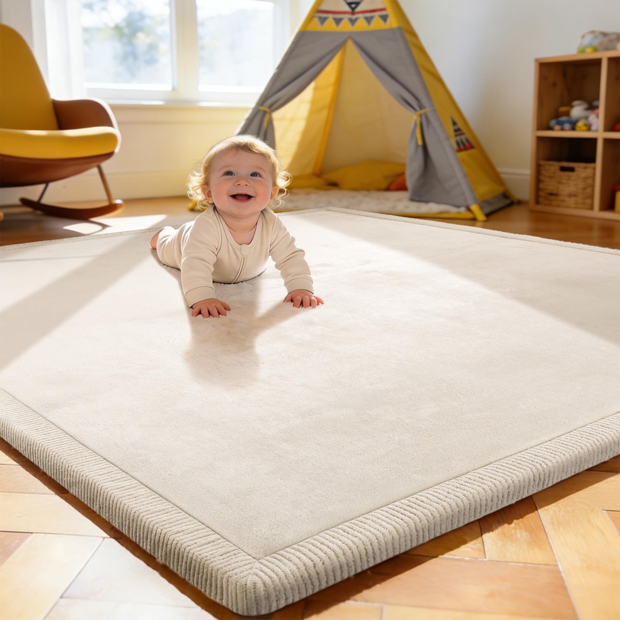 Treeboy Spielmatte Baby 200x150x2cm beige – Teppich für Kinderzimmer mit hochwertigem Memory-Schaum – Krabbelmatte Baby mit Rutschfester Unterseite – Krabbeldecke, Kinderteppich, spielteppich Kinder
