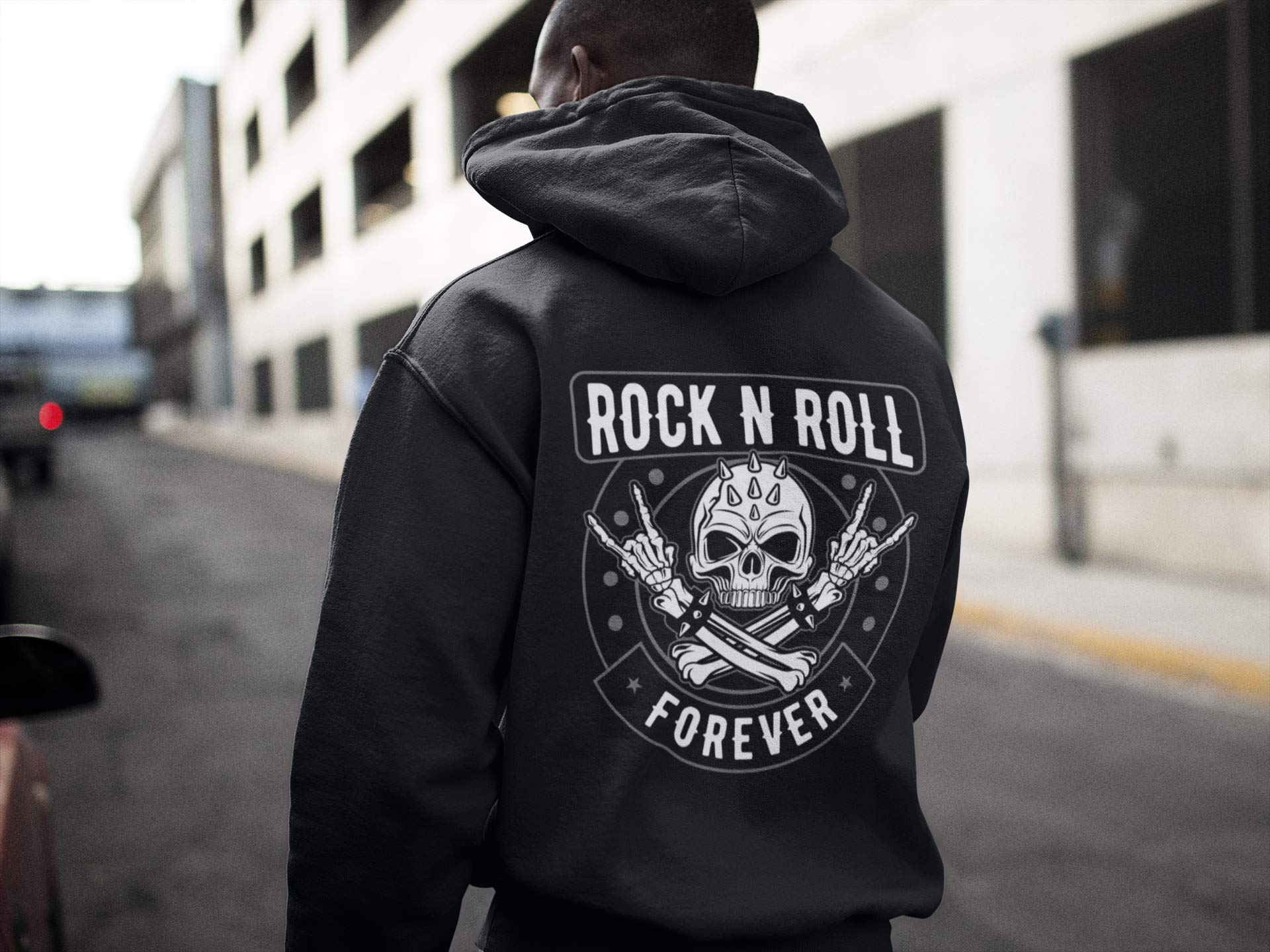 Rocker Männer Pullover mit Kapuze Rock n Roll Forever - Biker Kapuzenpullover Hoodie Herren für Death Rock Fans Heavy Metal Sweatshirt Gothic Regular Fit Baumwolle Schwarz S-5XL