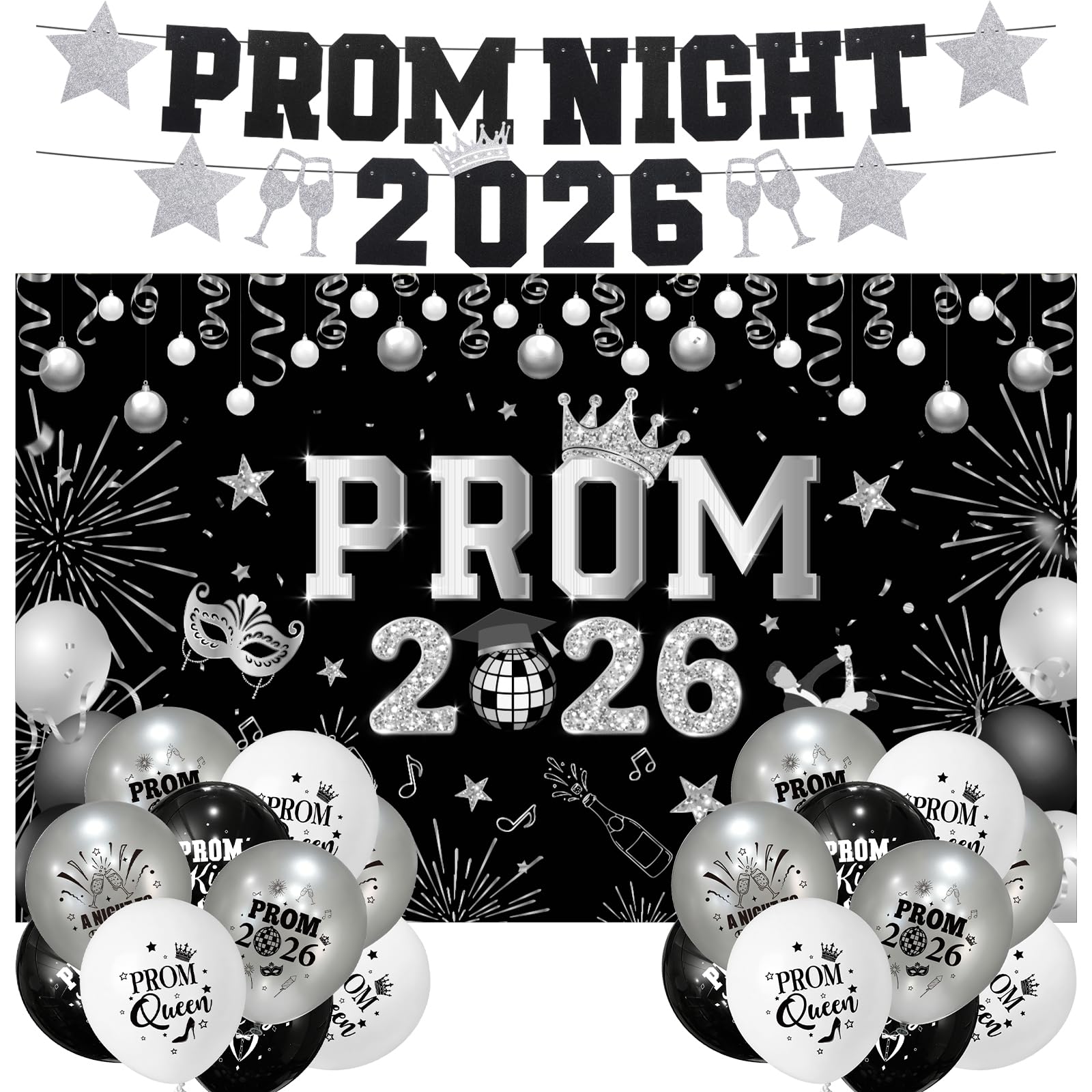Prom Decorations 2026 Include 180x110cm Prom 2026 Backdrop 2 Glitter Banners 20 Latex Balloons 12In 4 Ribbons Photo Backdrop for High School College Class of 2026 Graduation Prom Night Party Decor