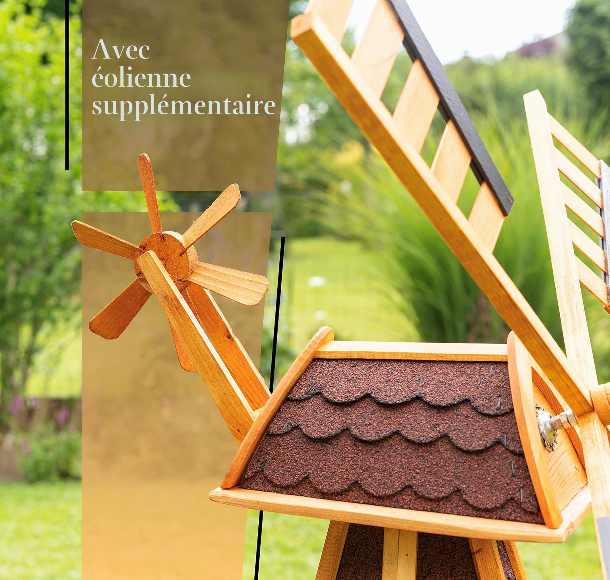 Moulin à Vent en Bois Avec Roulement à Billes 1,0 M Bitum Foncé, Éclairage Solaire, Supplémentaire à l'Arrière de la Tête, Imprégné, Réglable