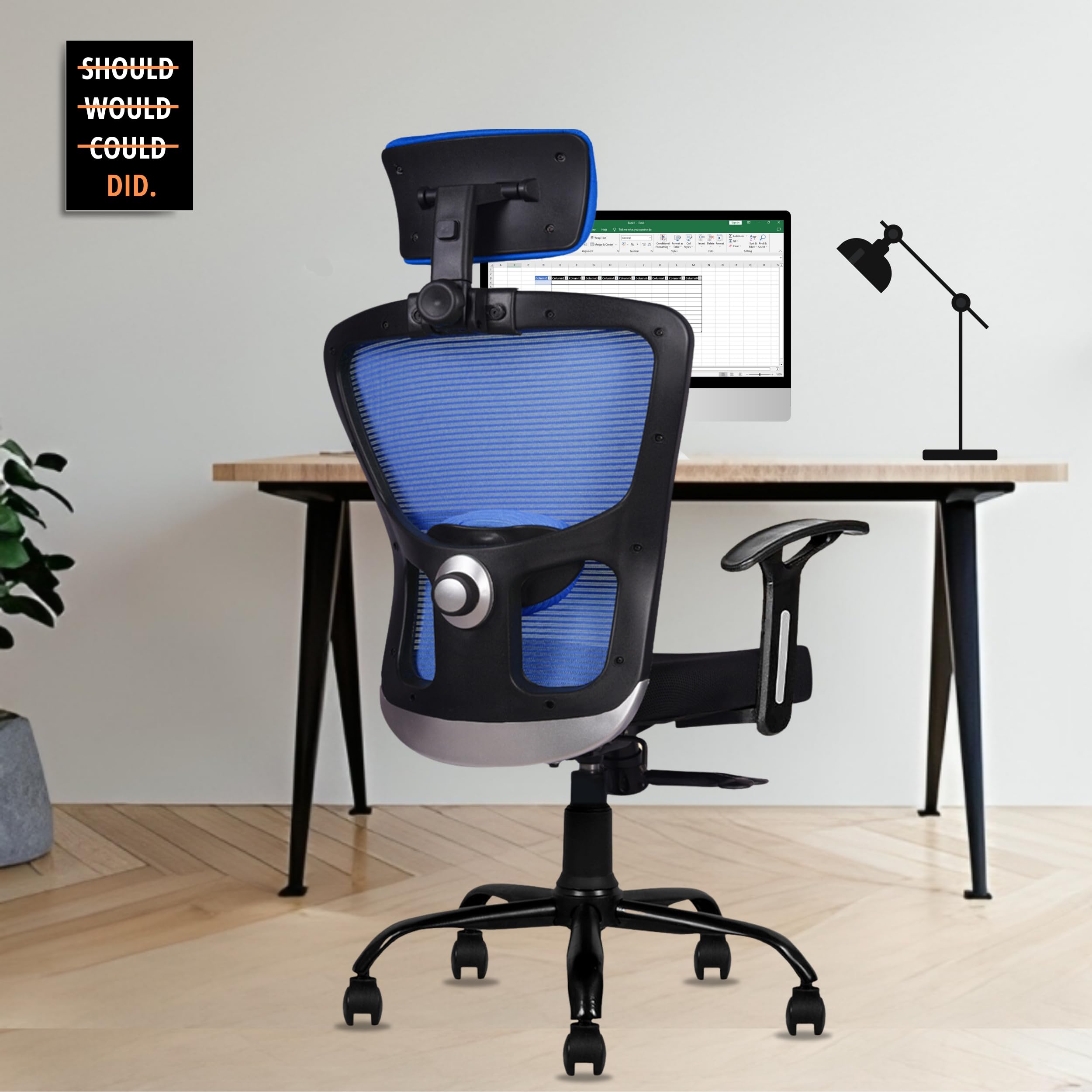 beAAtho® Amaze Ergonomically Adjustable Executive Mesh Home & Revolving Office Chair with 3 Years Warranty (Tilt Mechanism, Adjustable Head & Fixed ARM Rest, Metal Base) (Blue,High Back)