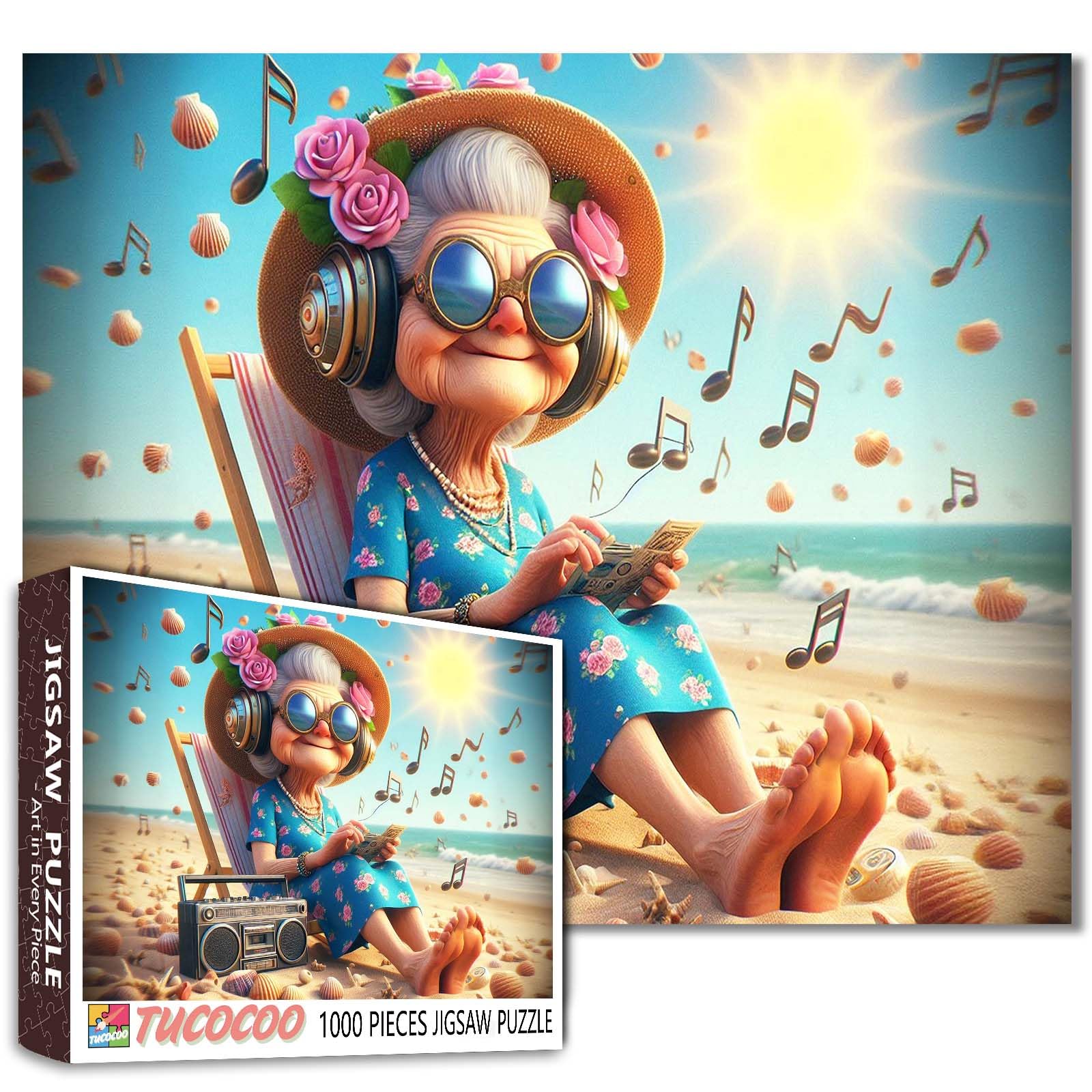 1000 Piece Jigsaw Puzzle for Adults Funny Grandma Listening to Music on Beach Puzzles Retro Radio Unique Whimsical Art Puzzle Relaxing Activity Challenge Fun Gift for Women Seniors Family Brain Game — image 1
