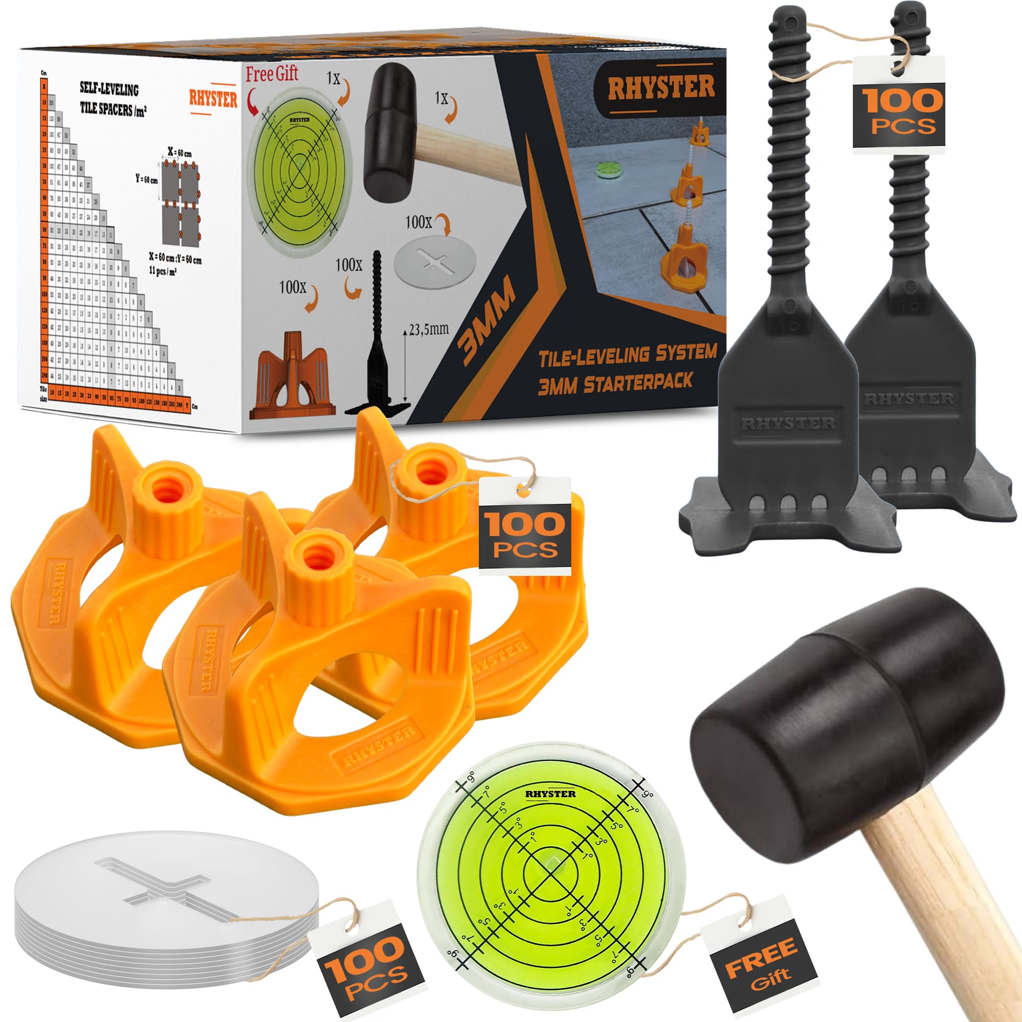RHYSTER Self-Levelling Spacer Kit 3 mm – Starter Pack – 302 Units – Tile Installation | 100 Clips + 100 Dials + 100 Protectors + Mallet + Bubble Level Free | Easy & Precise Installation