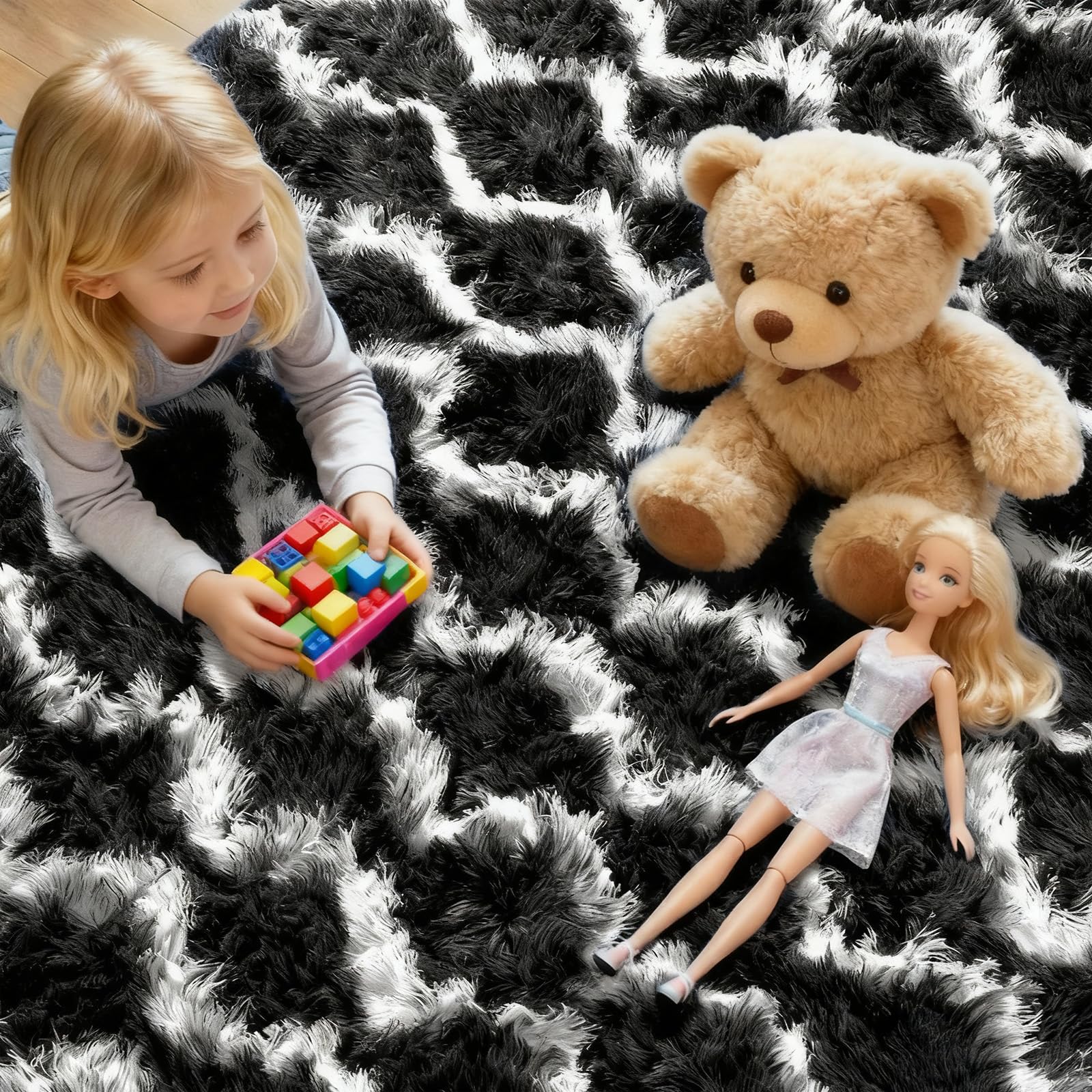 Sour Lemon Alfombra Salón Pelo Largo a Rayas, Alfombra Shaggy Grande Antideslizante para Dormitorio, habitación de los niños, Alfombra Lavable Moderna y Suave, En Blanco y Negro, 160x230 cm