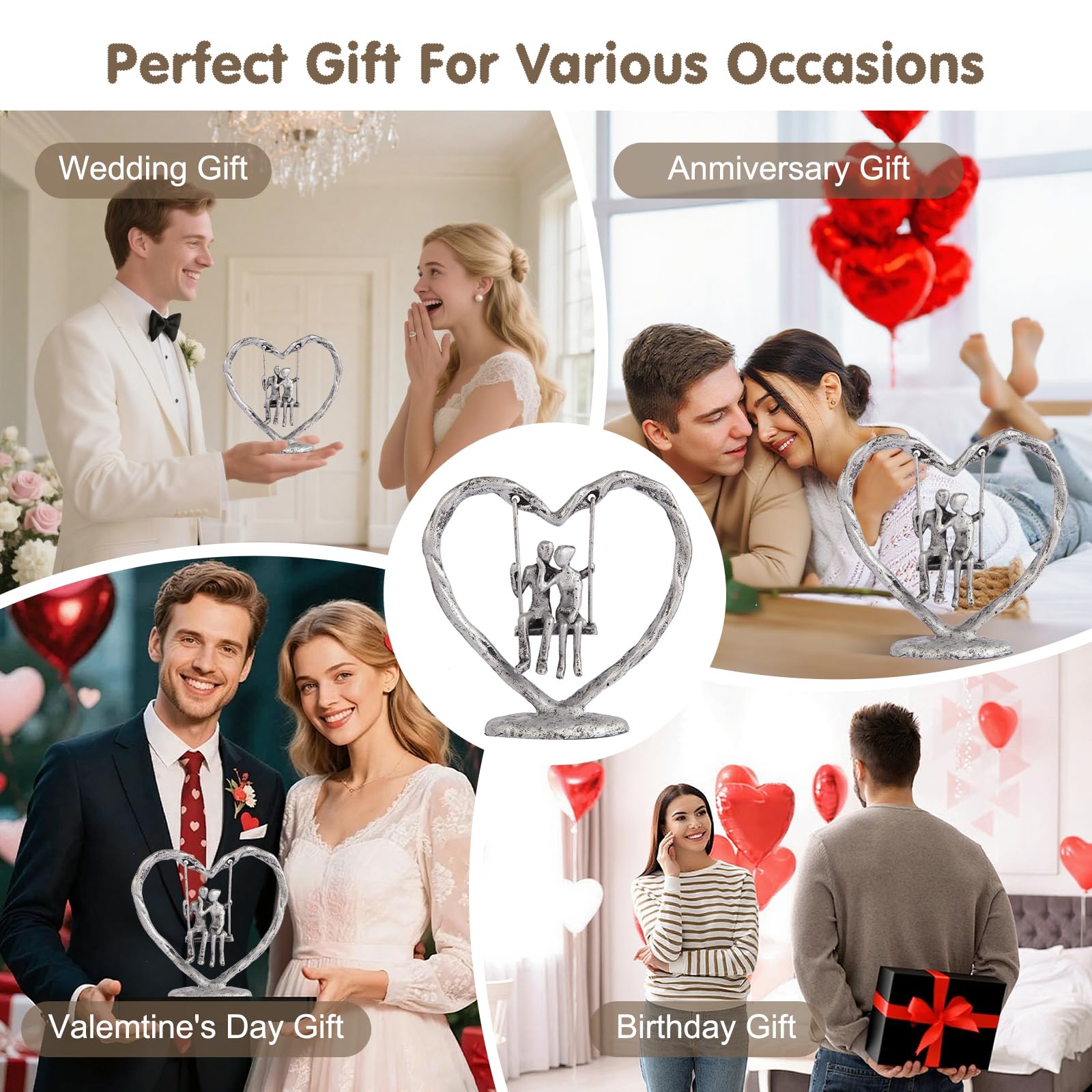 25th/Silver Anniversary Wedding Gifts for Wife/Her/Him,Valentine's Day/Birthday/Wedding Gifts for Couples,Heart Sculpture/Figurine,Handcrafted Antique Silver Metal Couple Statue Decor