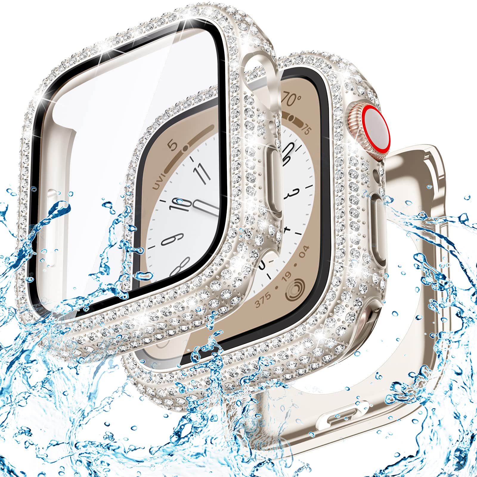 Goton 40mm Waterproof Bling Case for Apple Watch Screen Protector SE 3/2/1,Series 6/5/4 40 mm, Sparkling PC Front Bumper & Hollow Back for iWatch Cover, Splash-Resistant, Easy Install