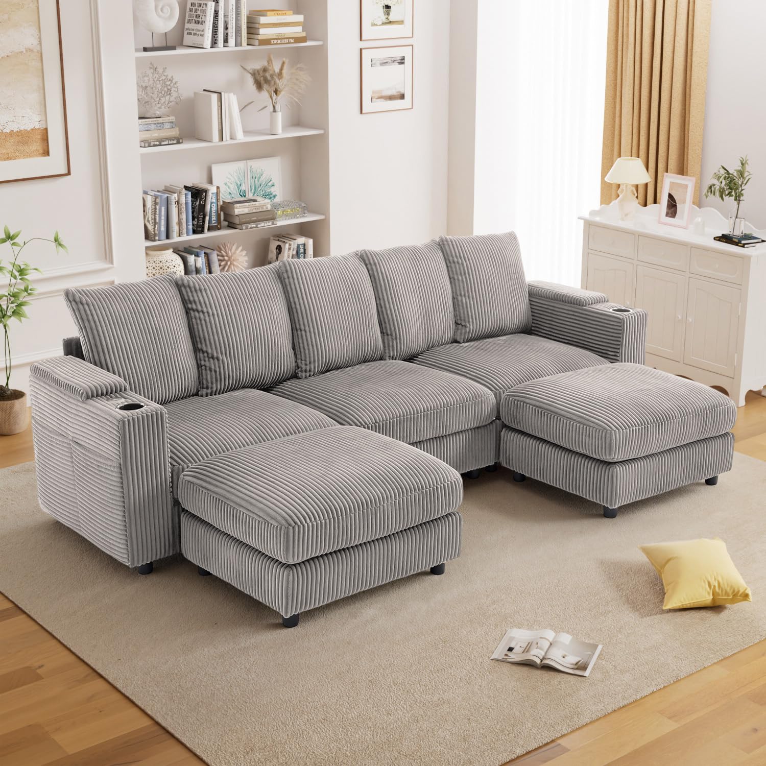 110" Oversized Cloud Couch U Shaped Modular Sectional Sofa L Shaped Sectional Couches for Living Room Comfy Corduroy Cloud Sofa with Ottoman, Cup Holder, USB Port, Armrest Storage, Side Pocket, Grey (Right arm chair only)