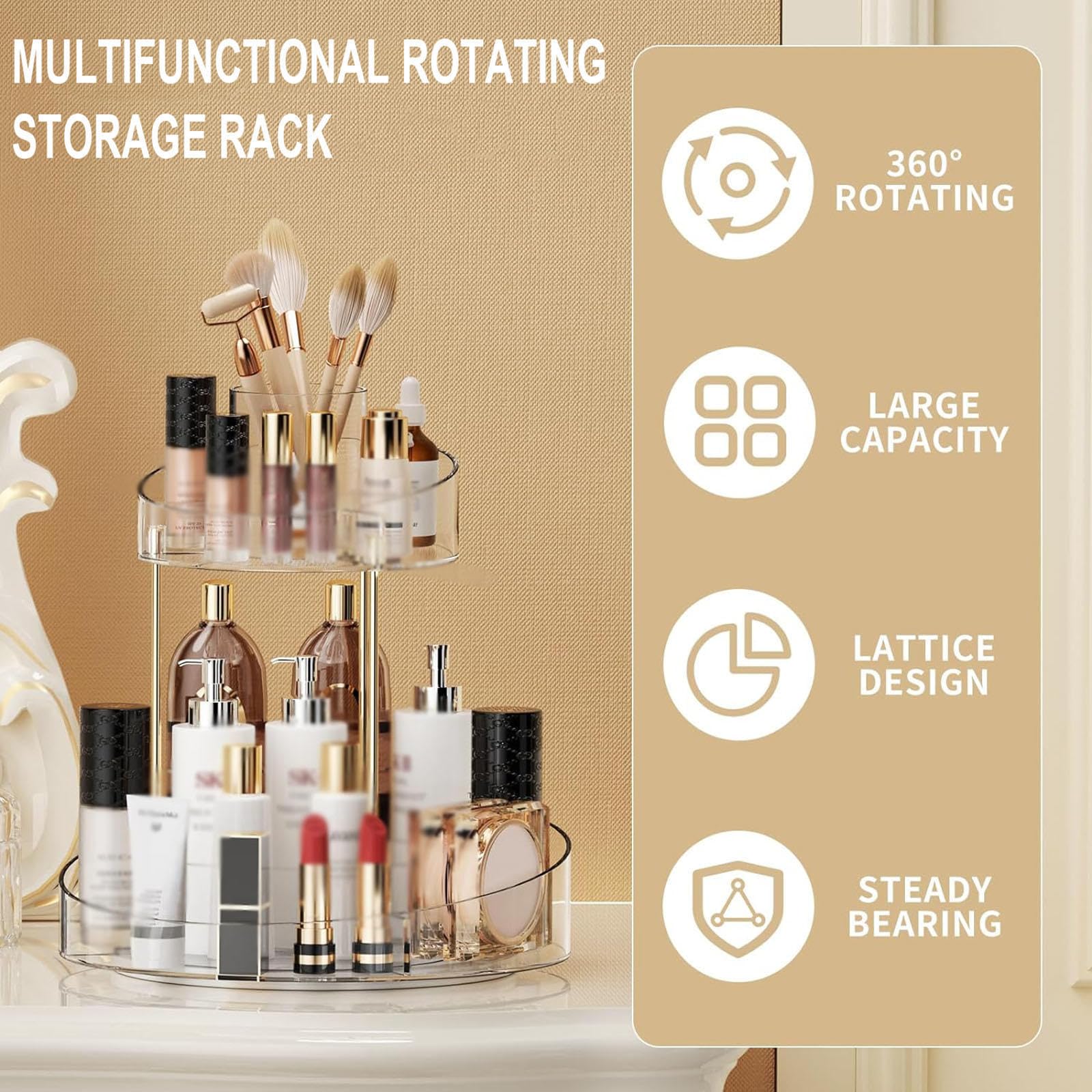 Organizer per Trucco Girevole a 360 Gradi per Vanità, Appoggio del Bagno Organizzatore per La Cura della Pelle di Grande capacità, Vetrina per Cosmetici Portaprofumi Porta Pennelli Cosmetici,A