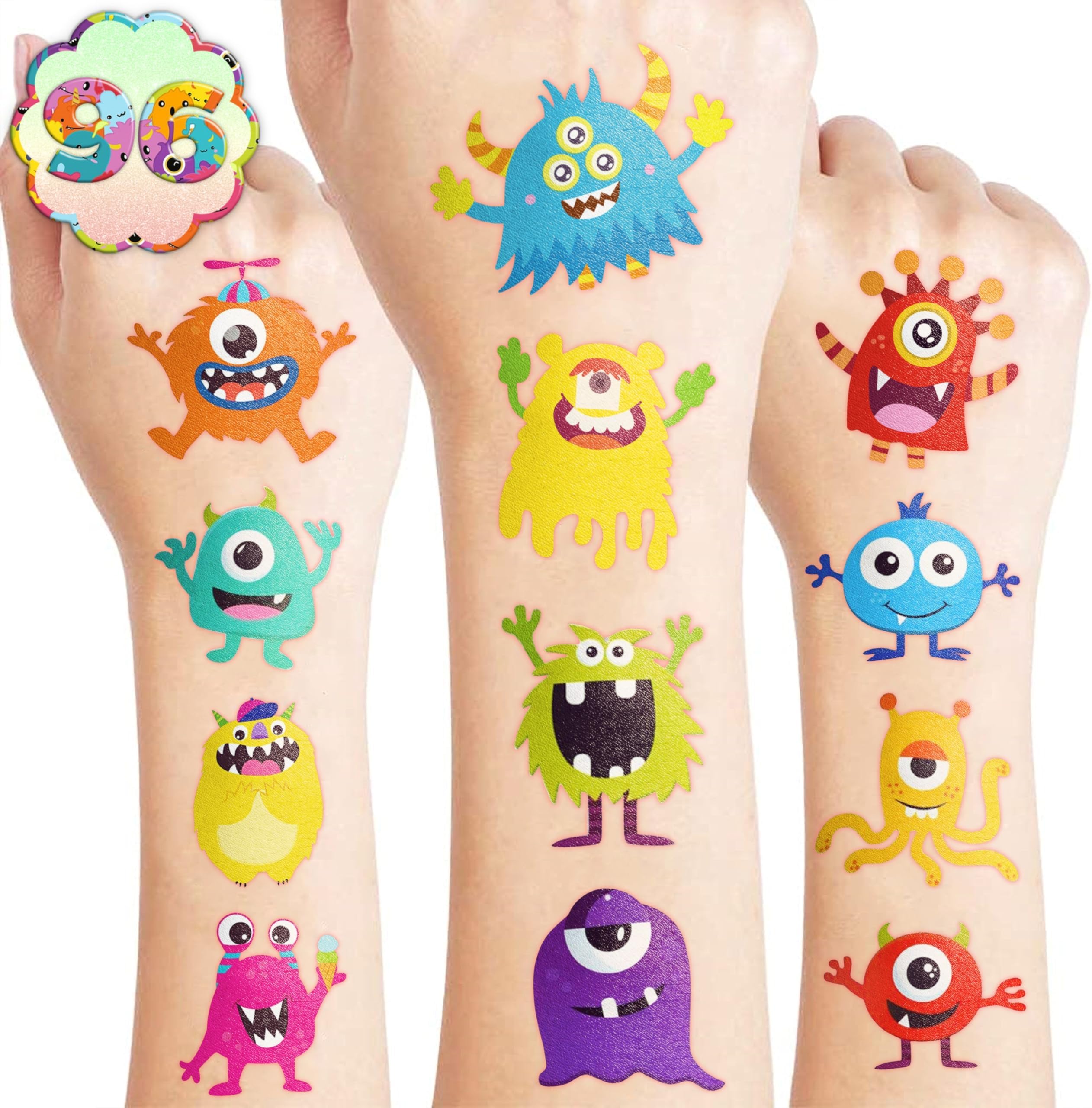 96PCS Monster Pre-Cut Temporary Tattoos for Kids - Cute Little Monster Birthday Party Supplies, Fun Stickers for Boys & Girls, Themed Party Favors, School Prizes, Gift Ideas