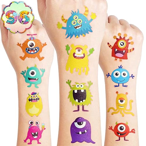 96 tatuajes temporales precortados de monstruo para niños, suministros para fiestas de cumpleaños de pequeños monstruos, calcomanías divertidas para