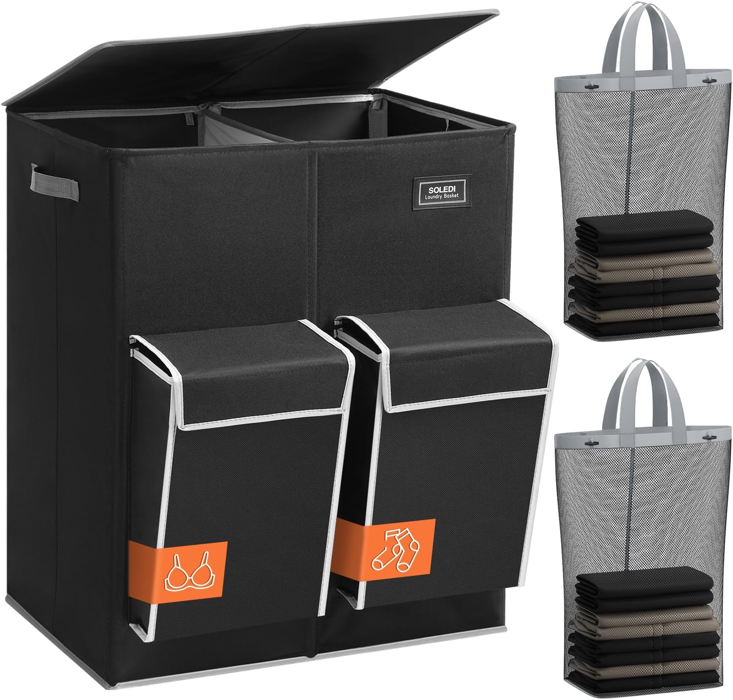 SOLEDI Double Laundry Hamper with Lid, 47.8 Gal (180L) Large Laundr Basket 2 Section with 2 Side Pockets, Dirty Clothes Hamper with Removable Bag, Easy to Carry for Laundry Room, Bedroom, Black 180L Black