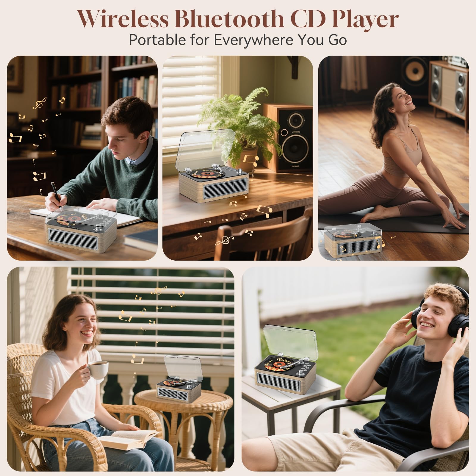 Gueray Lecteur CD Portable Bluetooth, Lecteur CD Rétro avec Haut-parleurs Batterie 3600 mAh Radio Télécommande, supporte la Lecture USB/AUX, Prise Casque, Chêne