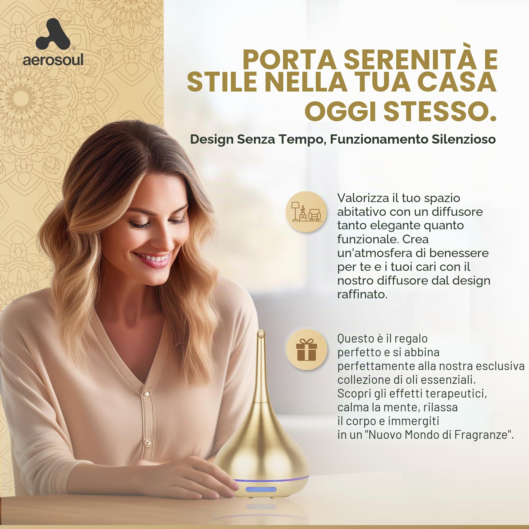 aerosoul® Diffusore Aromi 100 ml per Oli Essenziali LED 6 h Oro