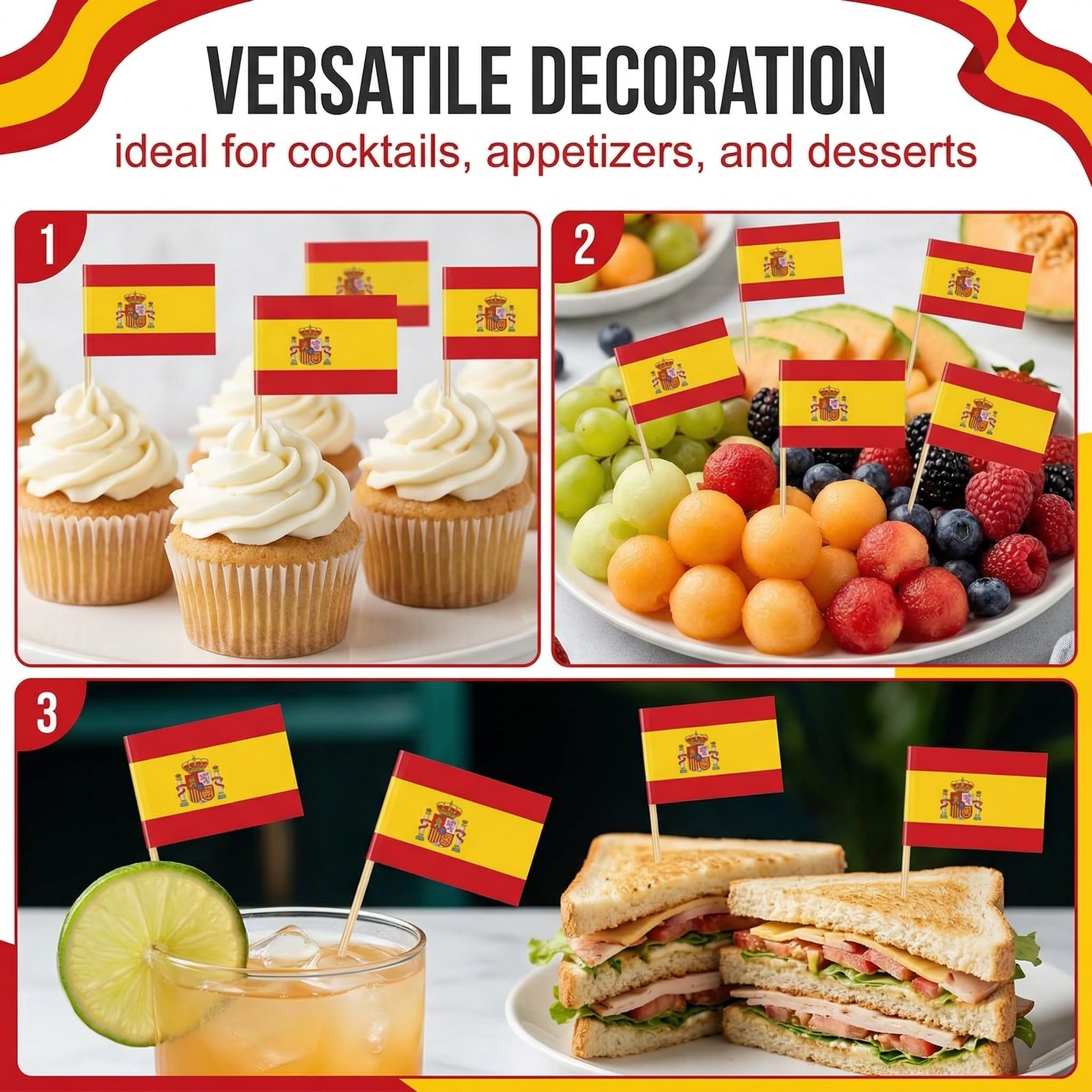 100 Pezzi Bandierine Spagna Stuzzicadenti, Mini Bandiere Spagnole per Cocktail, Panini e Cupcake, Decorazioni per Feste, Aperitivi e Eventi Sportivi