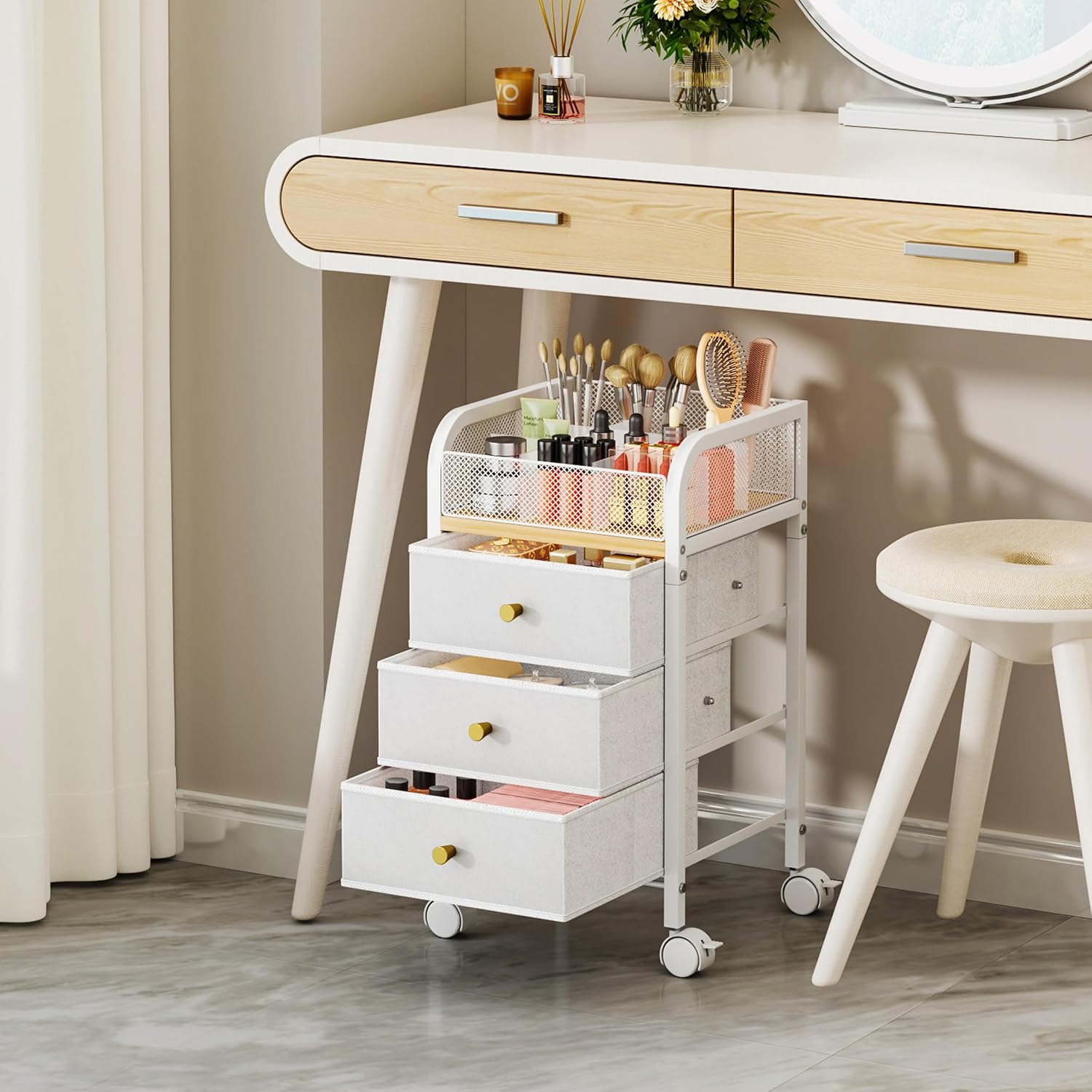 SWTYMIKI Rolling Makeup Organizer Cart - Under Desk Vanity Makeup Storage with 3 Non-woven Drawers, Nail Cart Organizer Cosmetic Display Cases Cabinet for Skin Care Perfume Nail Polish Brush Hair Tool